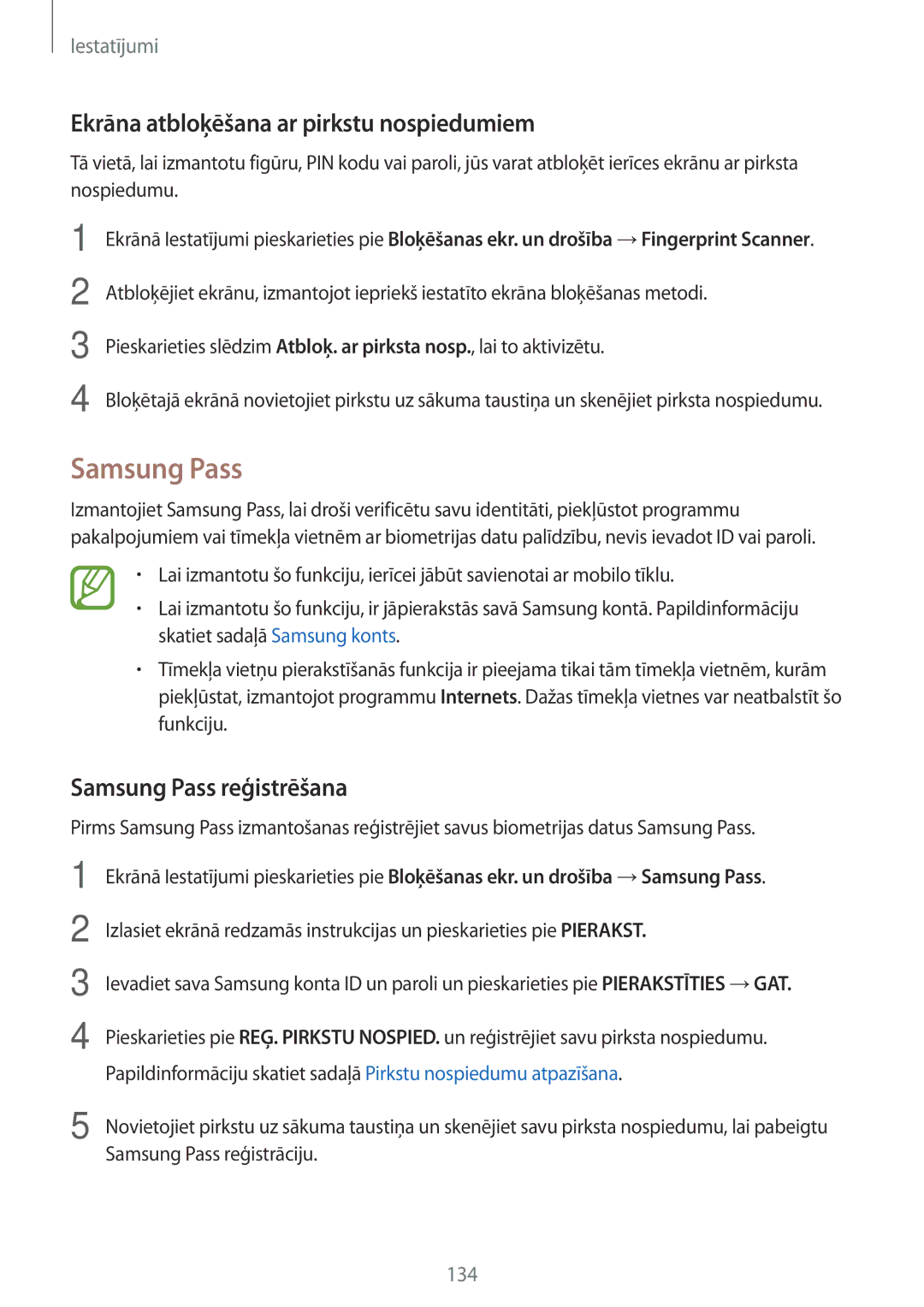 Samsung SM-A320FZINSEB, SM-A520FZIASEB manual Ekrāna atbloķēšana ar pirkstu nospiedumiem, Samsung Pass reģistrēšana 