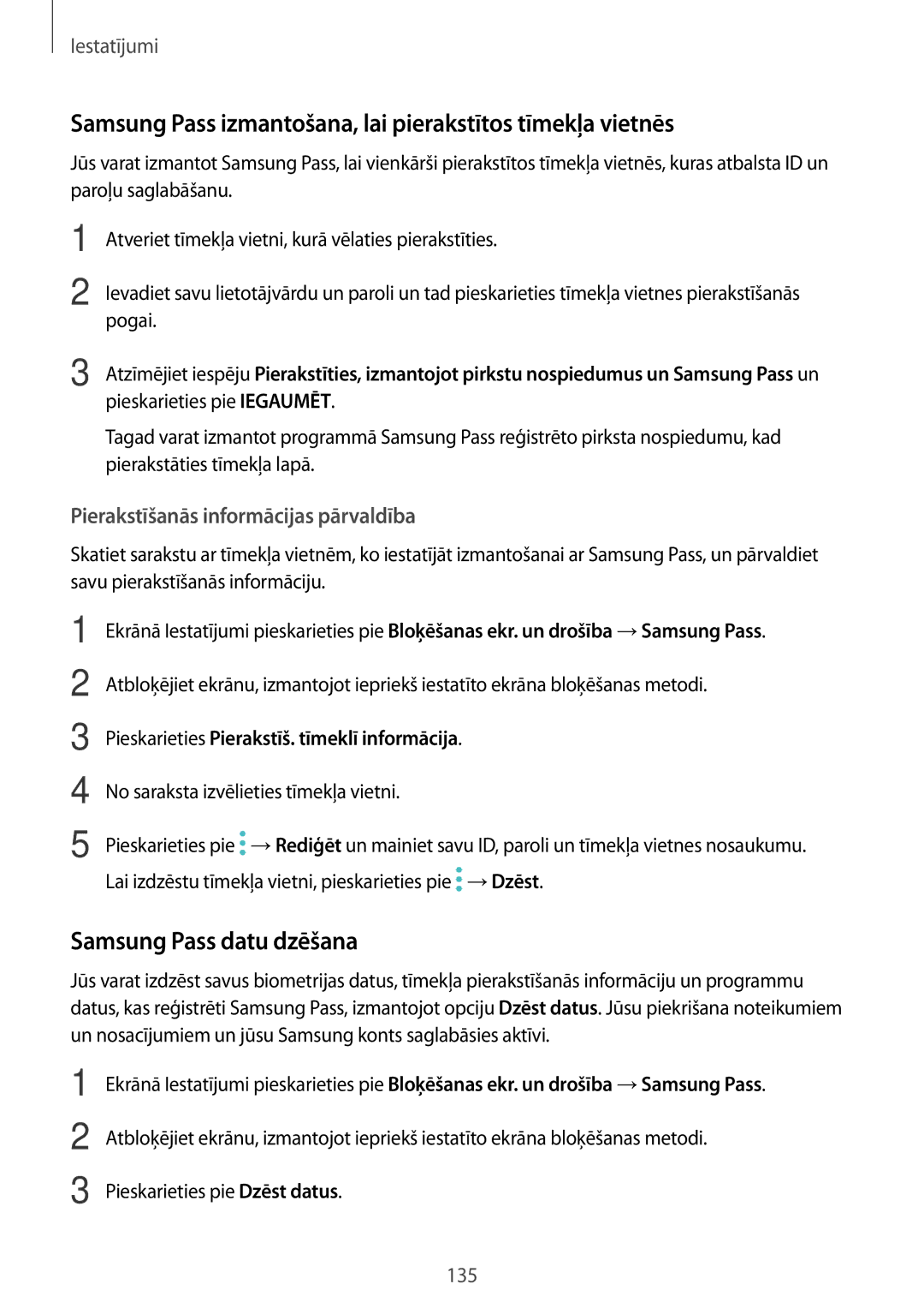 Samsung SM-A520FZDASEB manual Samsung Pass izmantošana, lai pierakstītos tīmekļa vietnēs, Samsung Pass datu dzēšana 