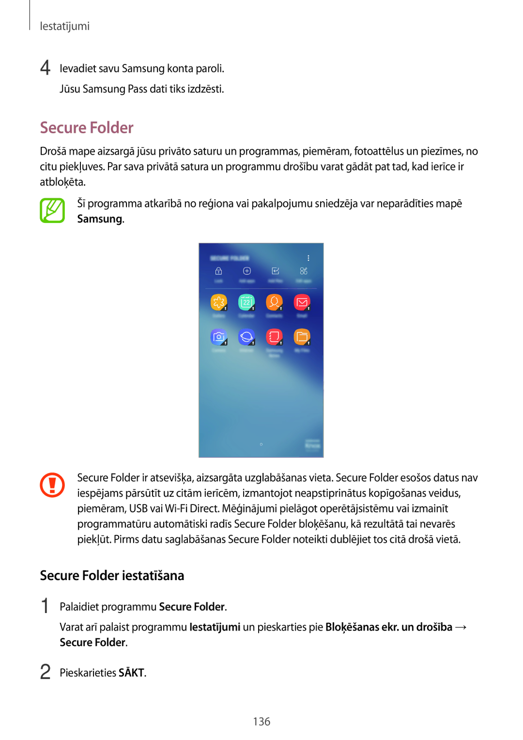 Samsung SM-A320FZDNSEB, SM-A520FZIASEB, SM-A320FZKNSEB, SM-A320FZINSEB, SM-A520FZDASEB manual Secure Folder iestatīšana 