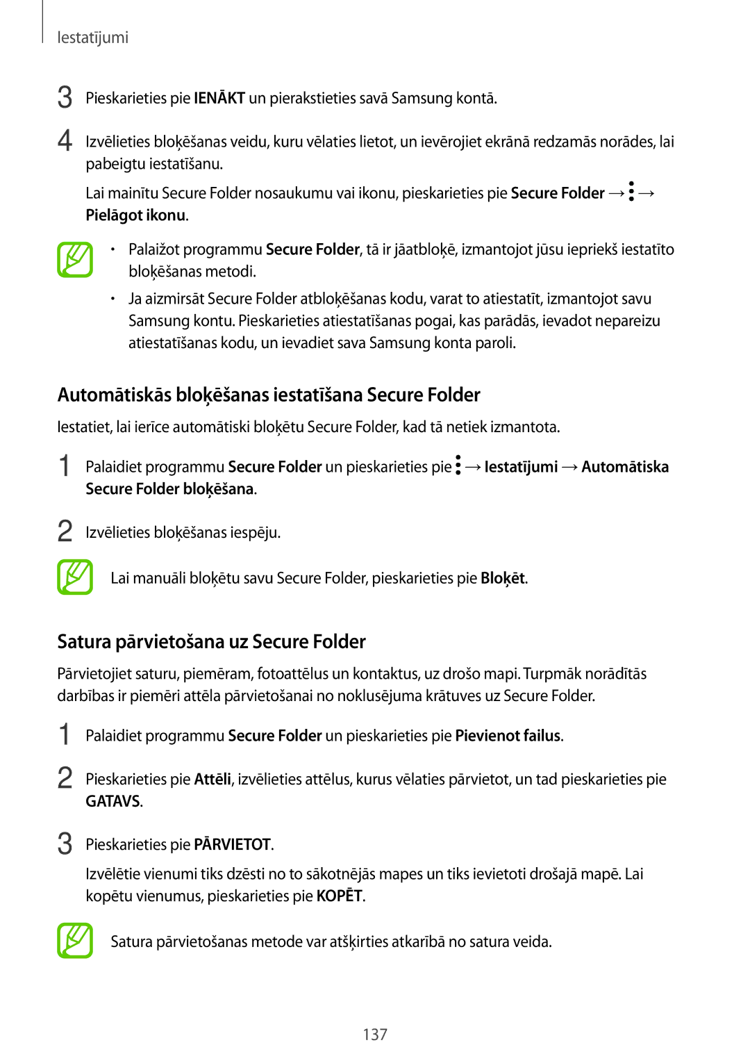 Samsung SM-A520FZKASEB manual Automātiskās bloķēšanas iestatīšana Secure Folder, Satura pārvietošana uz Secure Folder 