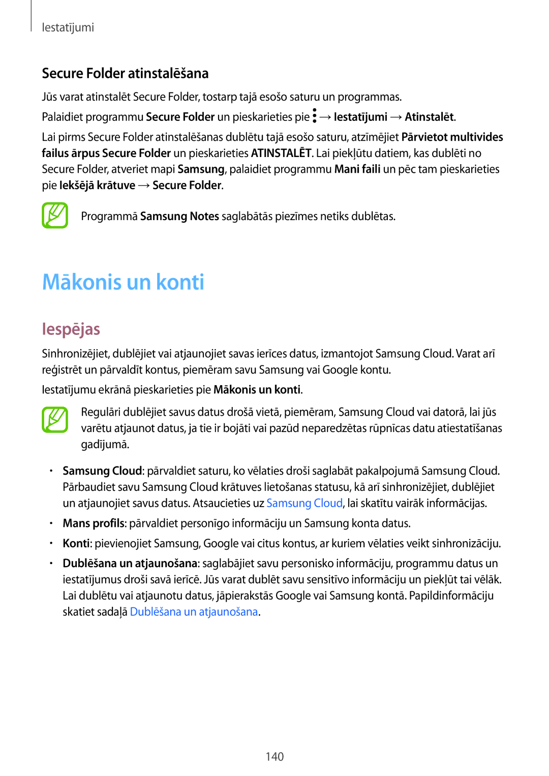 Samsung SM-A320FZINSEB, SM-A520FZIASEB, SM-A320FZKNSEB, SM-A520FZDASEB manual Mākonis un konti, Secure Folder atinstalēšana 