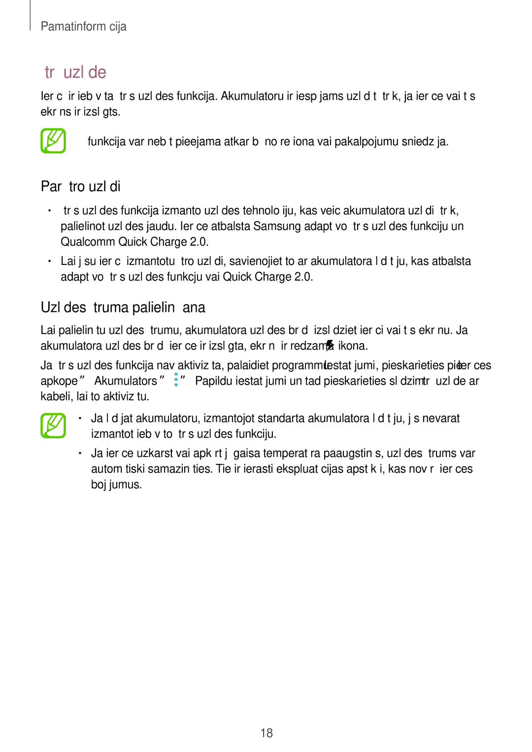 Samsung SM-A520FZIASEB, SM-A320FZKNSEB, SM-A320FZINSEB manual Ātrā uzlāde, Par ātro uzlādi, Uzlādes ātruma palielināšana 