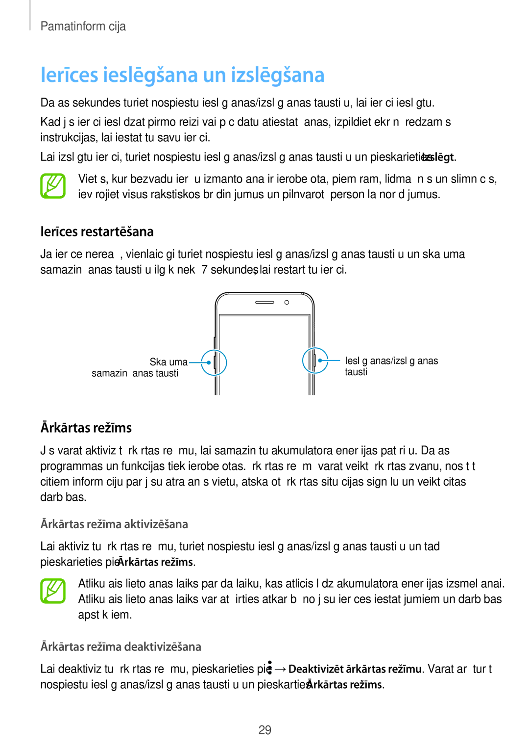 Samsung SM-A520FZKASEB, SM-A520FZIASEB manual Ierīces ieslēgšana un izslēgšana, Ierīces restartēšana, Ārkārtas režīms 