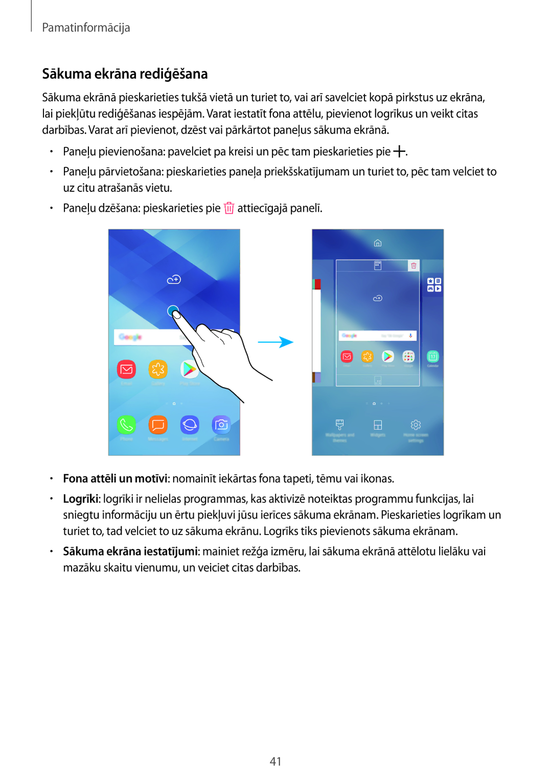 Samsung SM-A520FZKASEB, SM-A520FZIASEB, SM-A320FZKNSEB, SM-A320FZINSEB, SM-A520FZDASEB manual Sākuma ekrāna rediģēšana 