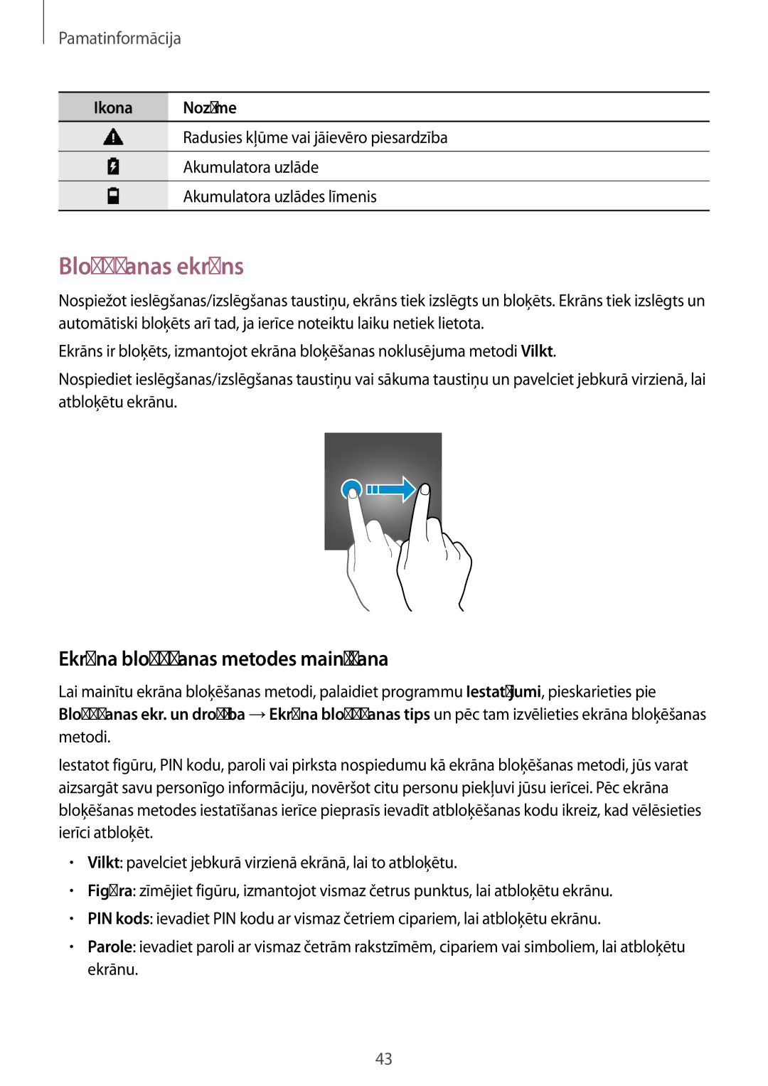 Samsung SM-A320FZKNSEB, SM-A520FZIASEB, SM-A320FZINSEB manual Bloķēšanas ekrāns, Ekrāna bloķēšanas metodes mainīšana 