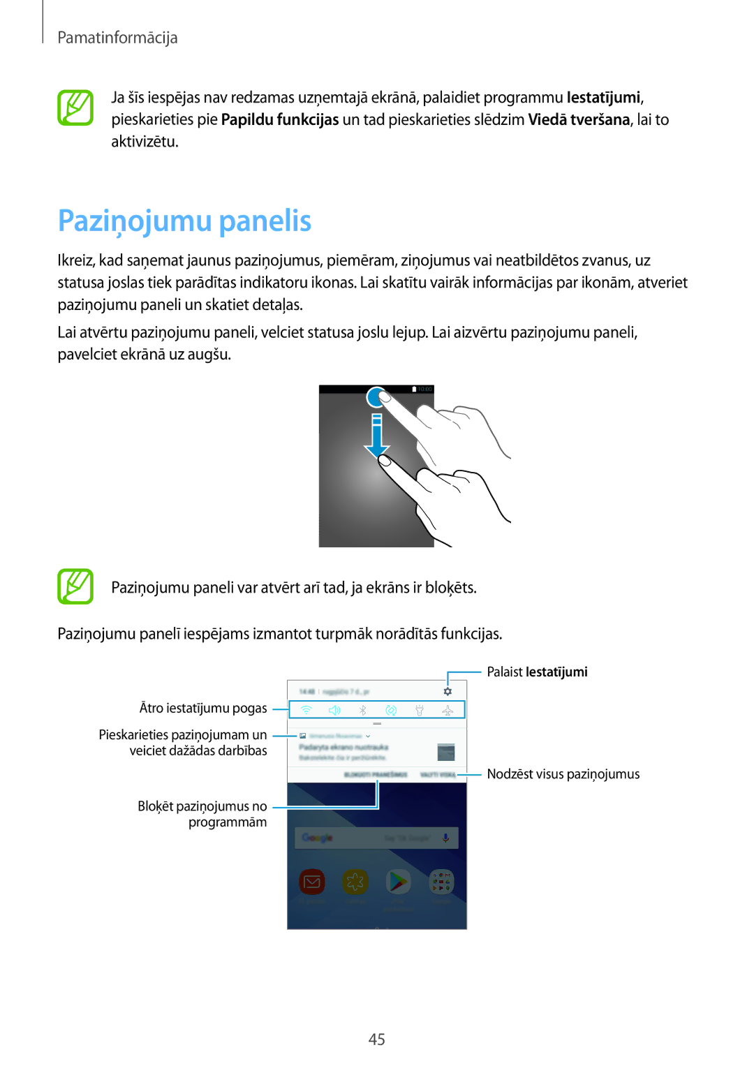 Samsung SM-A520FZDASEB, SM-A520FZIASEB, SM-A320FZKNSEB, SM-A320FZINSEB manual Paziņojumu panelis, Palaist Iestatījumi 