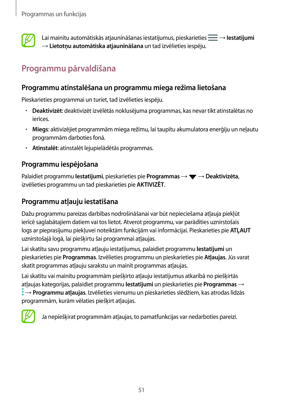 Samsung SM-A520FZDASEB, SM-A520FZIASEB Programmu pārvaldīšana, Programmu atinstalēšana un programmu miega režīma lietošana 