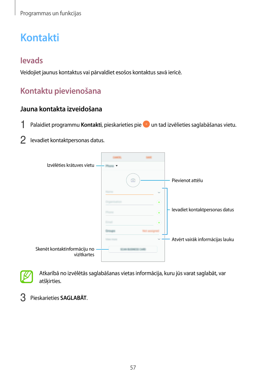 Samsung SM-A520FZDASEB manual Kontakti, Kontaktu pievienošana, Jauna kontakta izveidošana, Ievadiet kontaktpersonas datus 