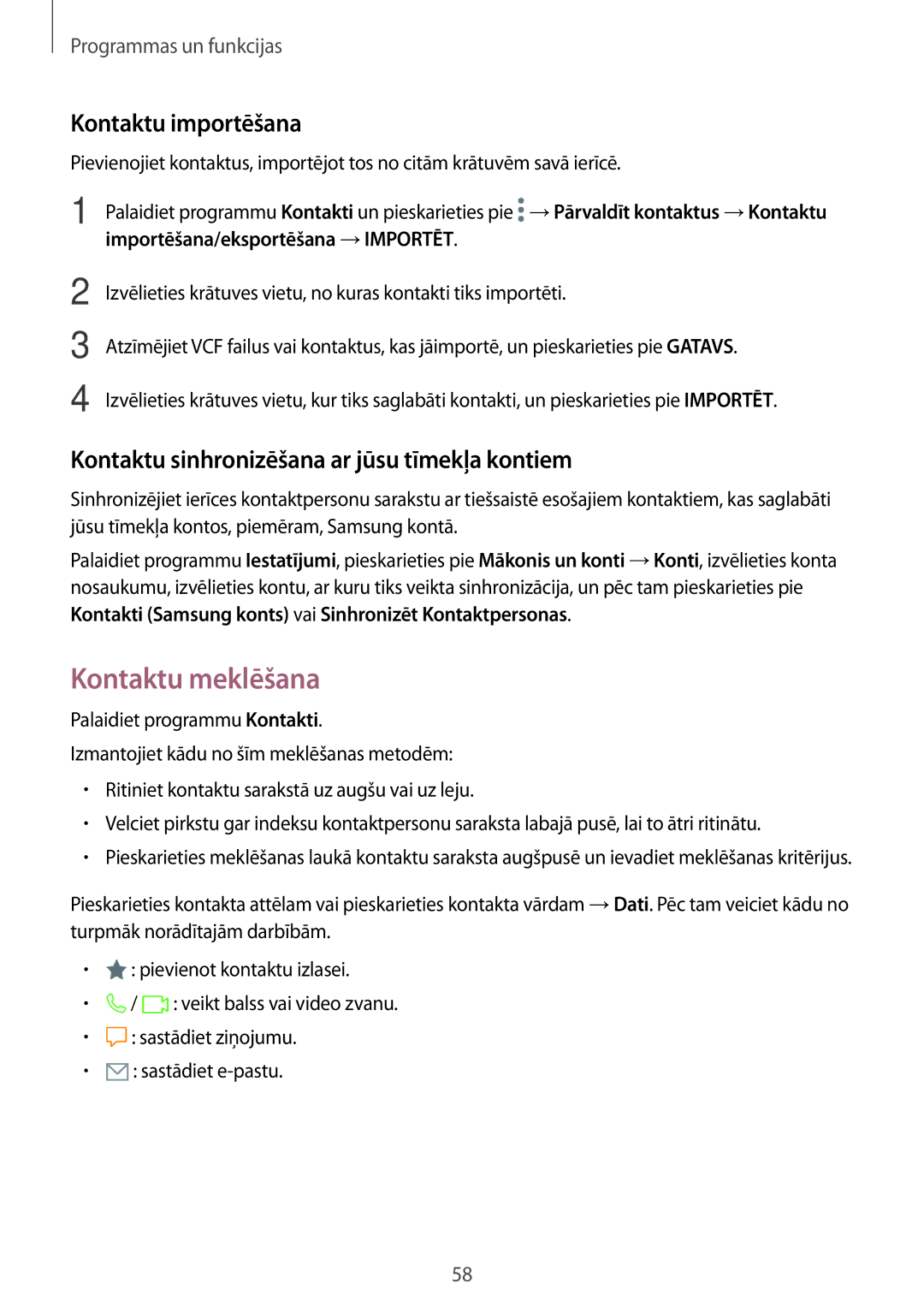 Samsung SM-A320FZDNSEB manual Kontaktu meklēšana, Kontaktu importēšana, Kontaktu sinhronizēšana ar jūsu tīmekļa kontiem 