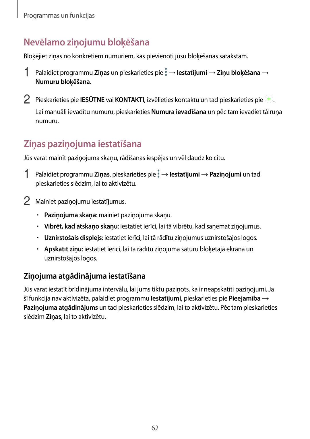 Samsung SM-A320FZINSEB manual Nevēlamo ziņojumu bloķēšana, Ziņas paziņojuma iestatīšana, Ziņojuma atgādinājuma iestatīšana 