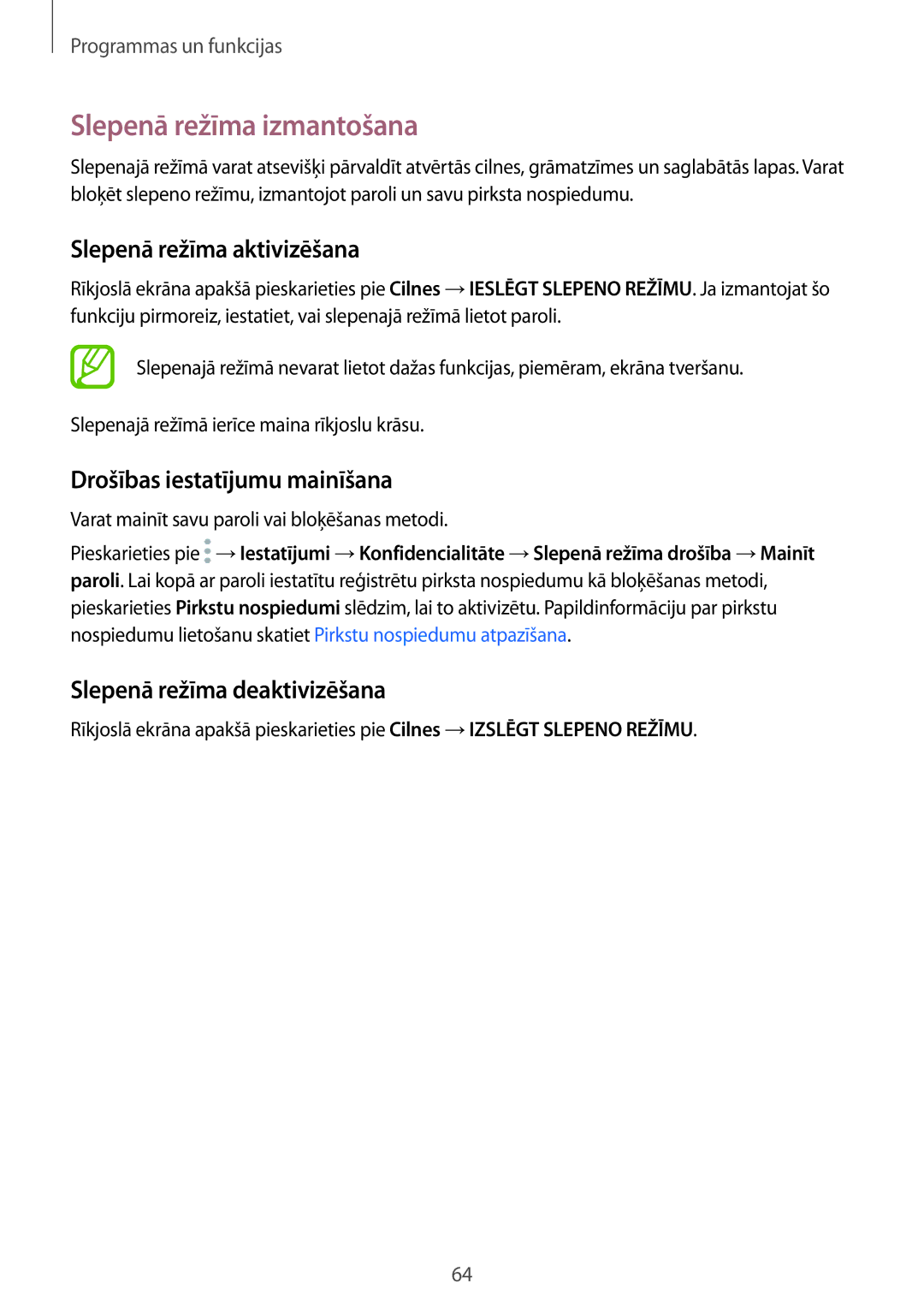 Samsung SM-A320FZDNSEB manual Slepenā režīma izmantošana, Slepenā režīma aktivizēšana, Drošības iestatījumu mainīšana 