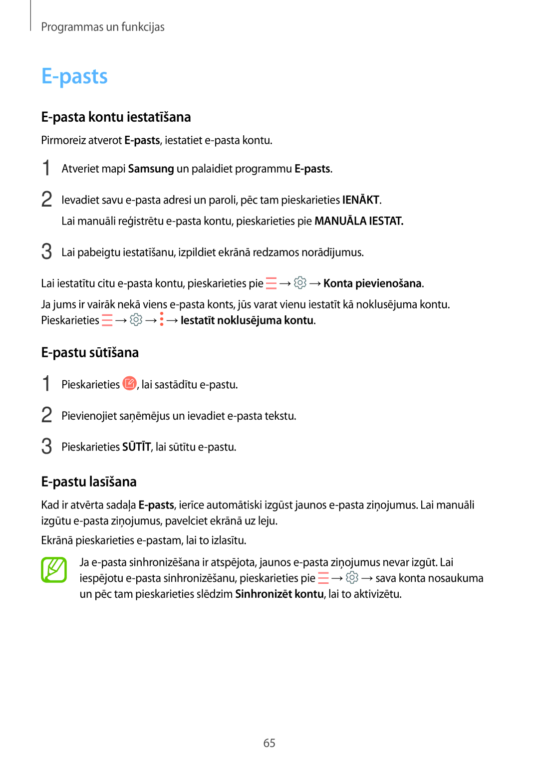 Samsung SM-A520FZKASEB, SM-A520FZIASEB, SM-A320FZKNSEB manual Pasts, Pasta kontu iestatīšana, Pastu sūtīšana, Pastu lasīšana 