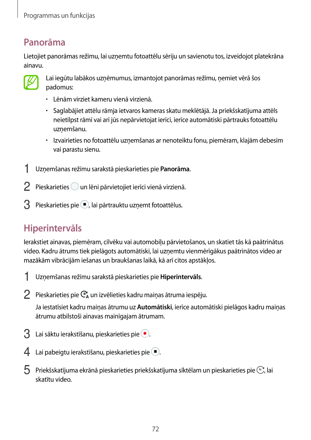 Samsung SM-A520FZIASEB, SM-A320FZKNSEB, SM-A320FZINSEB, SM-A520FZDASEB, SM-A320FZDNSEB manual Panorāma, Hiperintervāls 