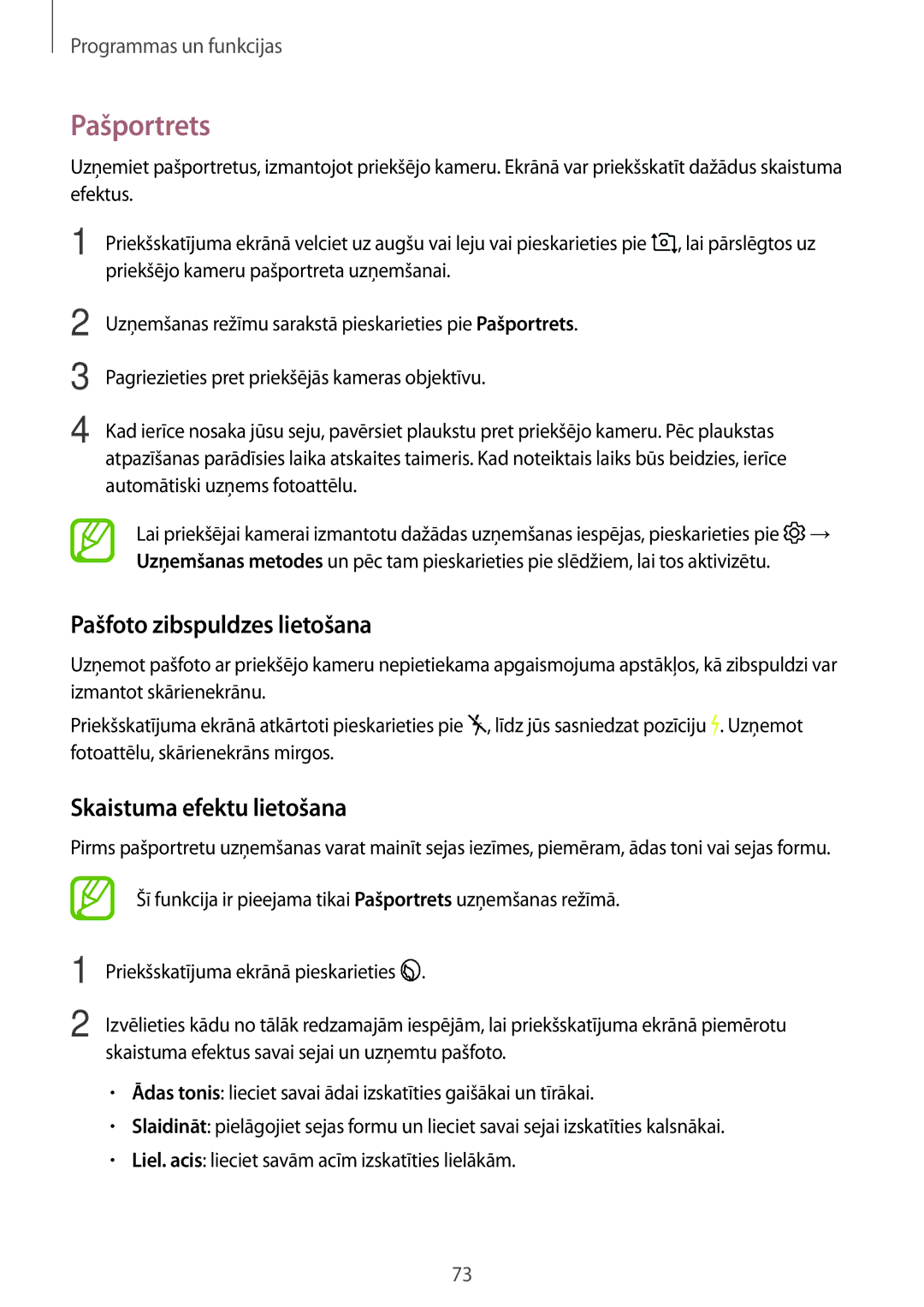 Samsung SM-A320FZKNSEB, SM-A520FZIASEB manual Pašportrets, Pašfoto zibspuldzes lietošana, Skaistuma efektu lietošana 