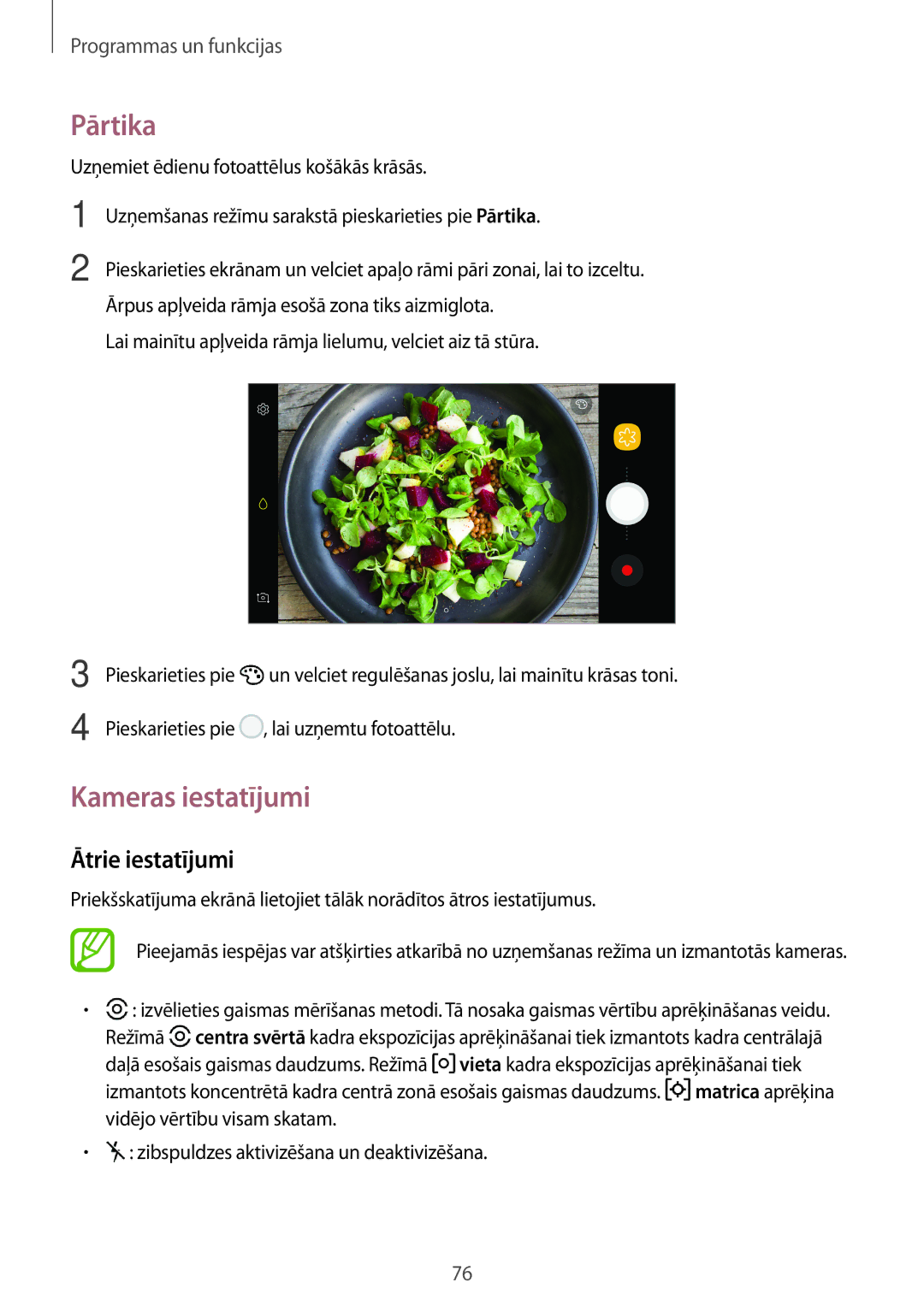 Samsung SM-A320FZDNSEB manual Pārtika, Kameras iestatījumi, Ātrie iestatījumi, Zibspuldzes aktivizēšana un deaktivizēšana 