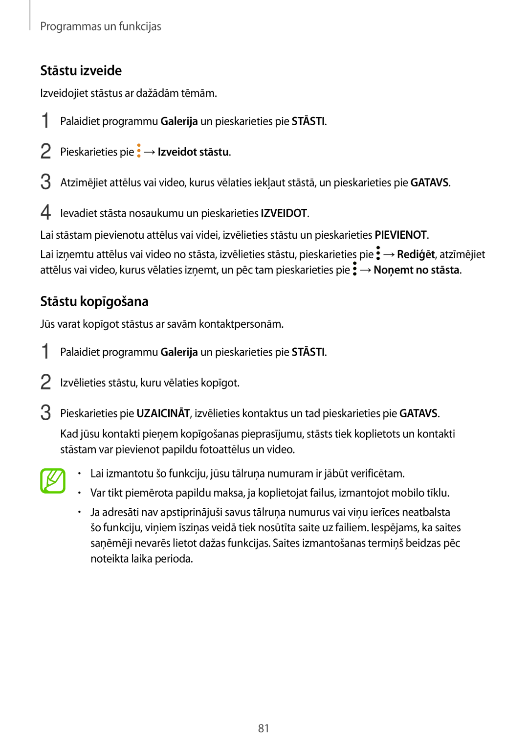 Samsung SM-A520FZDASEB, SM-A520FZIASEB, SM-A320FZKNSEB, SM-A320FZINSEB, SM-A320FZDNSEB manual Stāstu izveide, Stāstu kopīgošana 