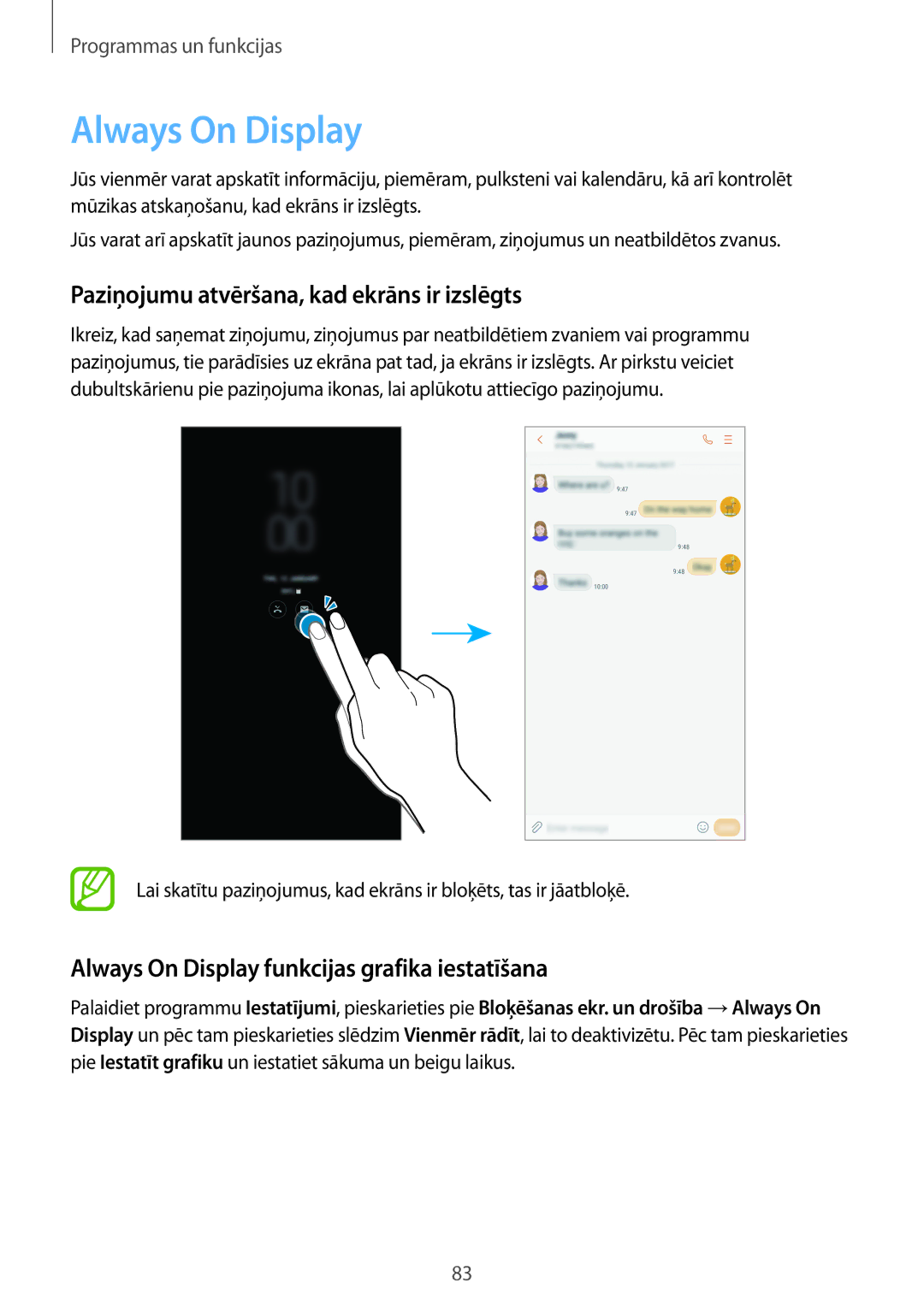 Samsung SM-A520FZKASEB, SM-A520FZIASEB, SM-A320FZKNSEB manual Always On Display, Paziņojumu atvēršana, kad ekrāns ir izslēgts 