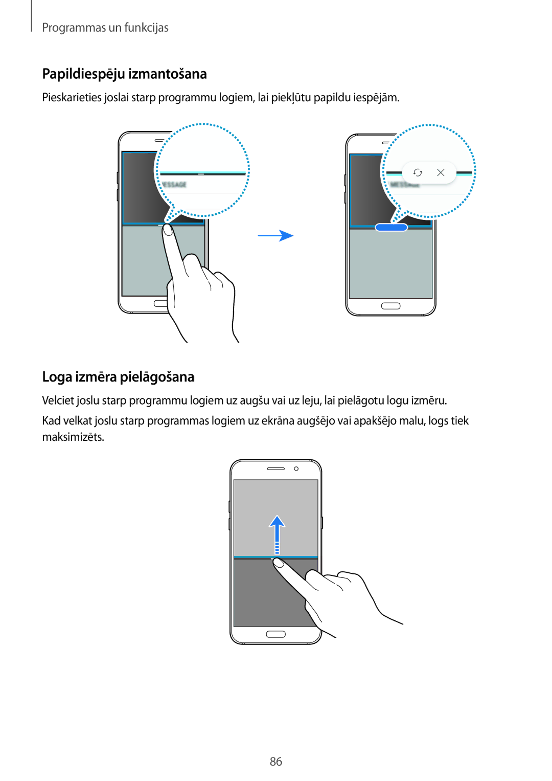 Samsung SM-A320FZINSEB, SM-A520FZIASEB, SM-A320FZKNSEB, SM-A520FZDASEB Papildiespēju izmantošana, Loga izmēra pielāgošana 