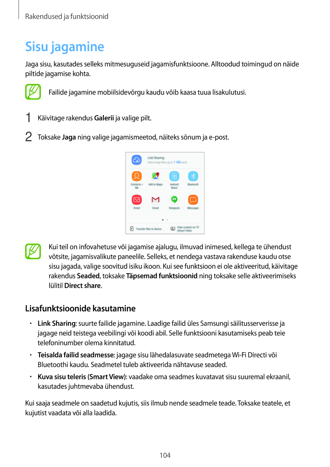 Samsung SM-A320FZINSEB, SM-A520FZIASEB, SM-A320FZKNSEB, SM-A520FZDASEB manual Sisu jagamine, Lisafunktsioonide kasutamine 