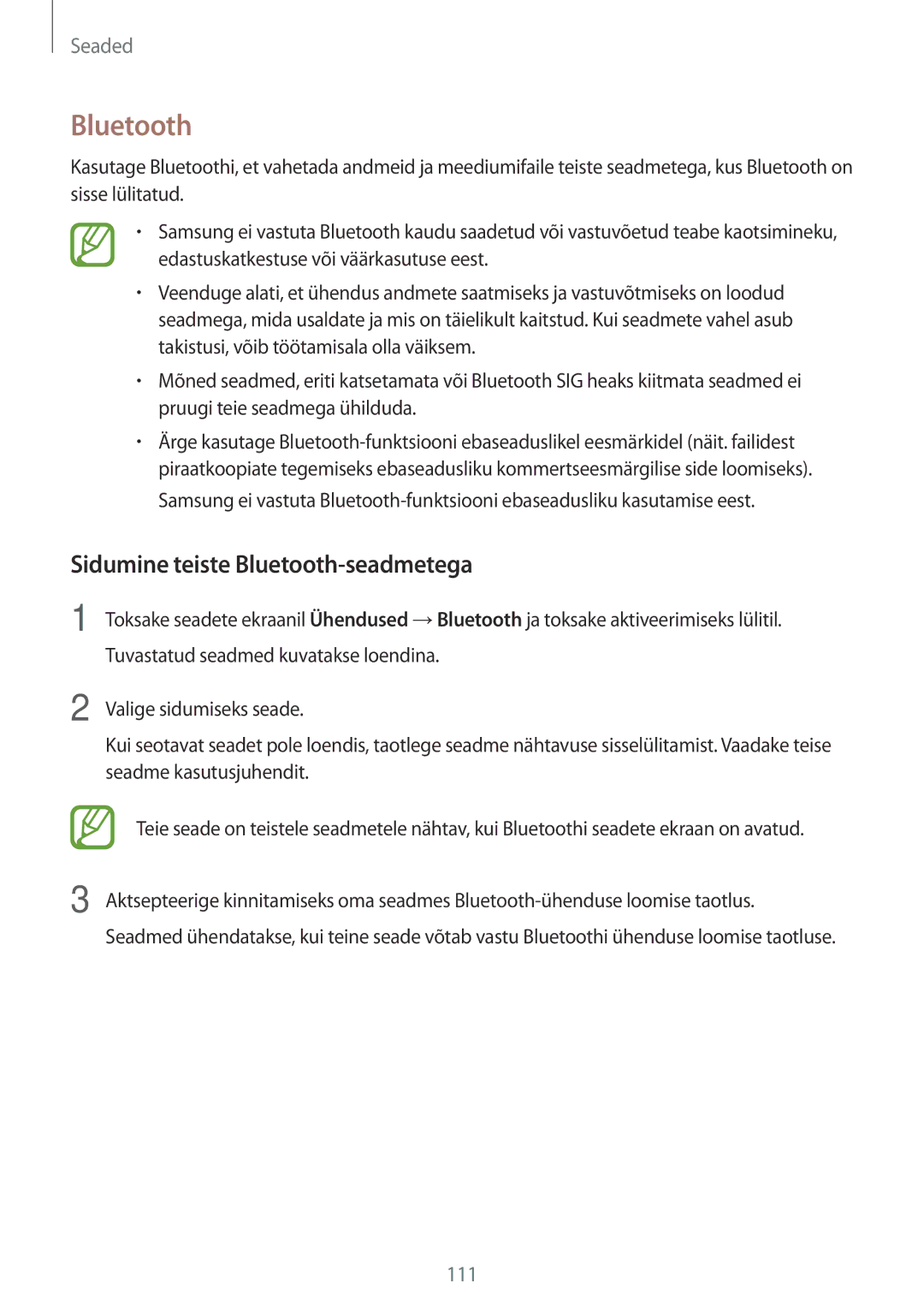 Samsung SM-A520FZDASEB, SM-A520FZIASEB, SM-A320FZKNSEB, SM-A320FZINSEB manual Sidumine teiste Bluetooth-seadmetega 