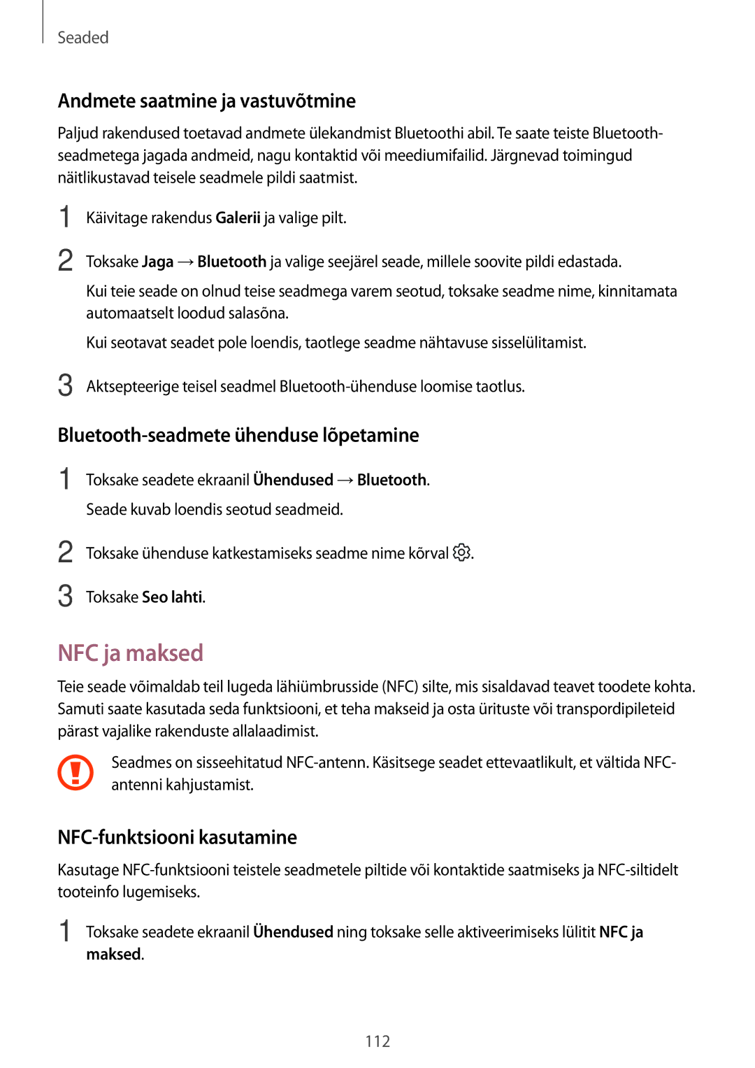 Samsung SM-A320FZDNSEB manual NFC ja maksed, Andmete saatmine ja vastuvõtmine, Bluetooth-seadmete ühenduse lõpetamine 