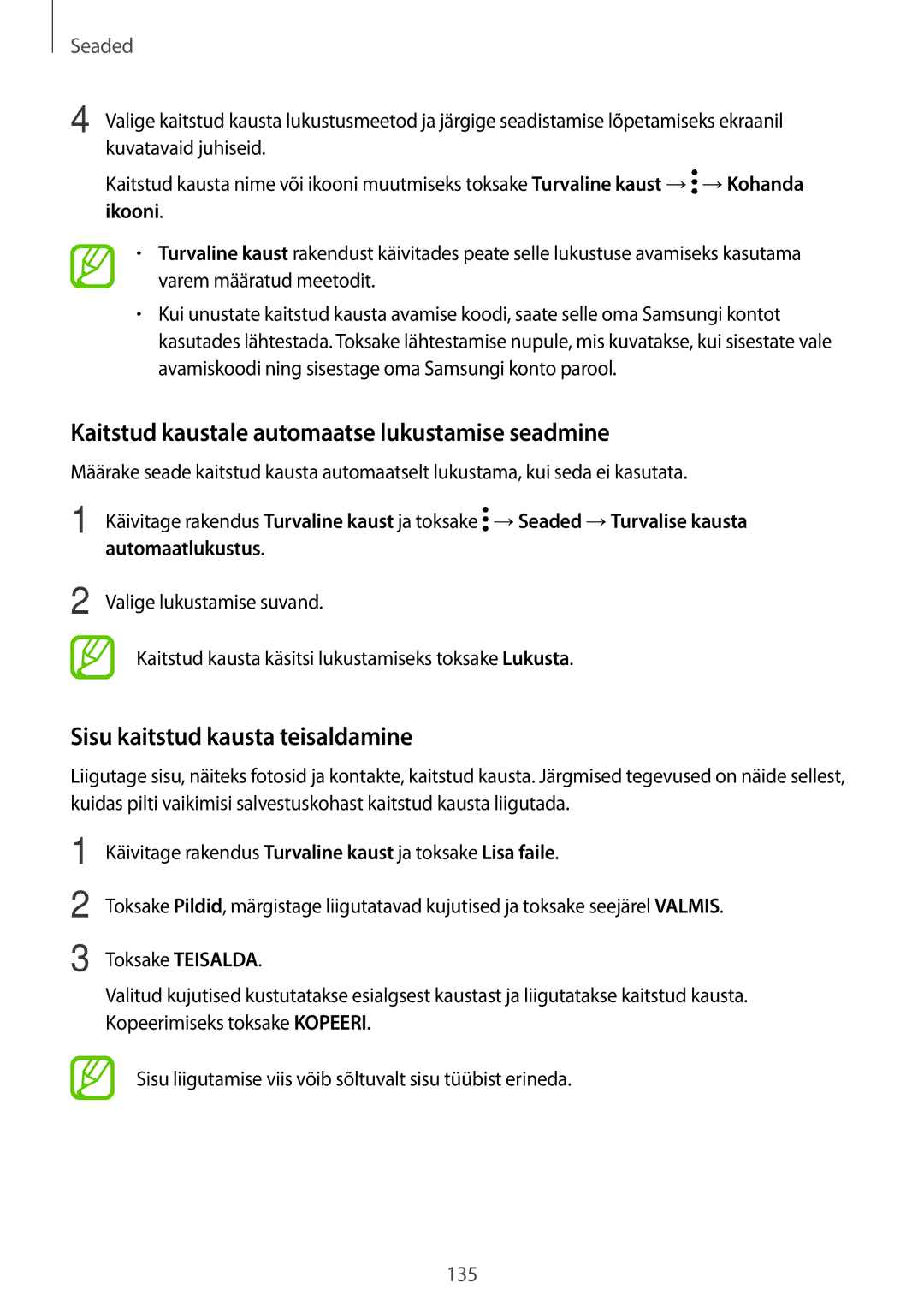 Samsung SM-A520FZDASEB manual Kaitstud kaustale automaatse lukustamise seadmine, Sisu kaitstud kausta teisaldamine, Ikooni 