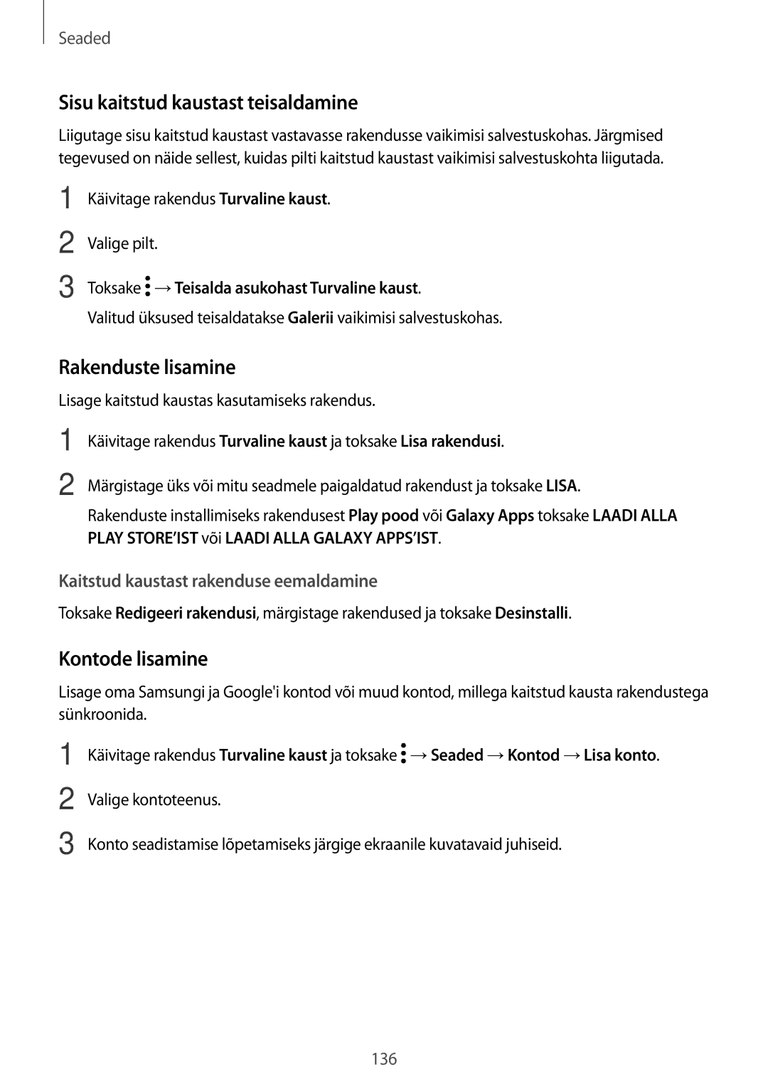 Samsung SM-A320FZDNSEB, SM-A520FZIASEB manual Sisu kaitstud kaustast teisaldamine, Rakenduste lisamine, Kontode lisamine 