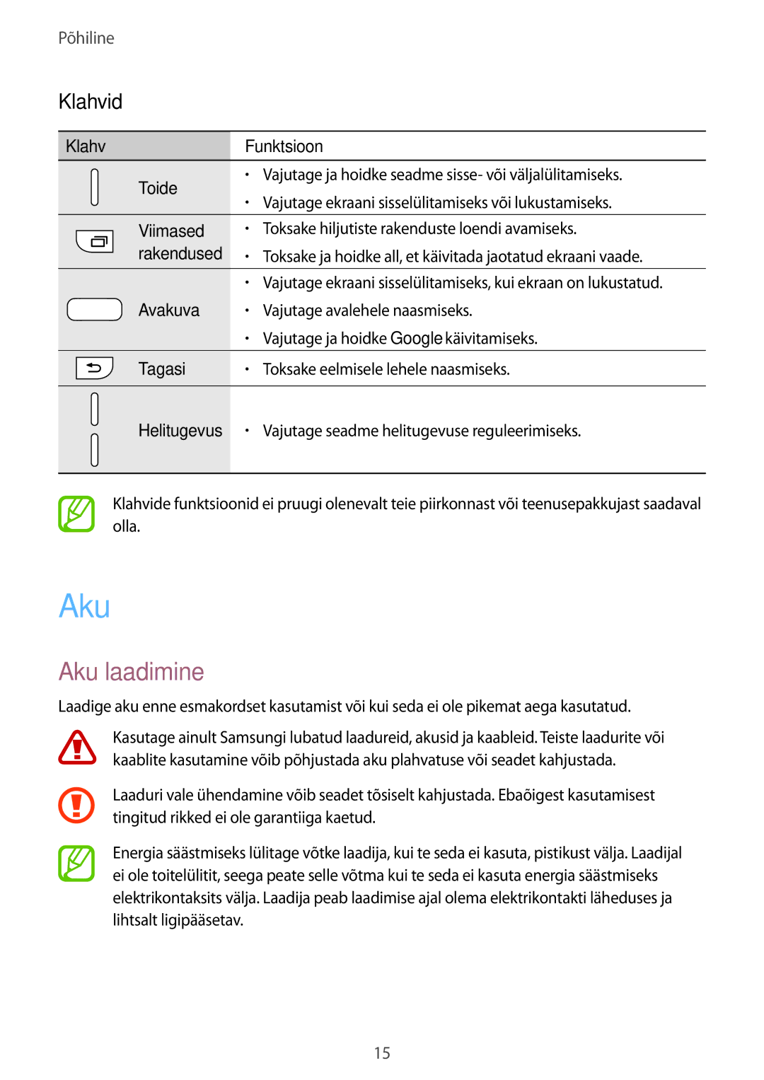 Samsung SM-A520FZDASEB, SM-A520FZIASEB, SM-A320FZKNSEB, SM-A320FZINSEB, SM-A320FZDNSEB manual Aku laadimine, Klahvid 