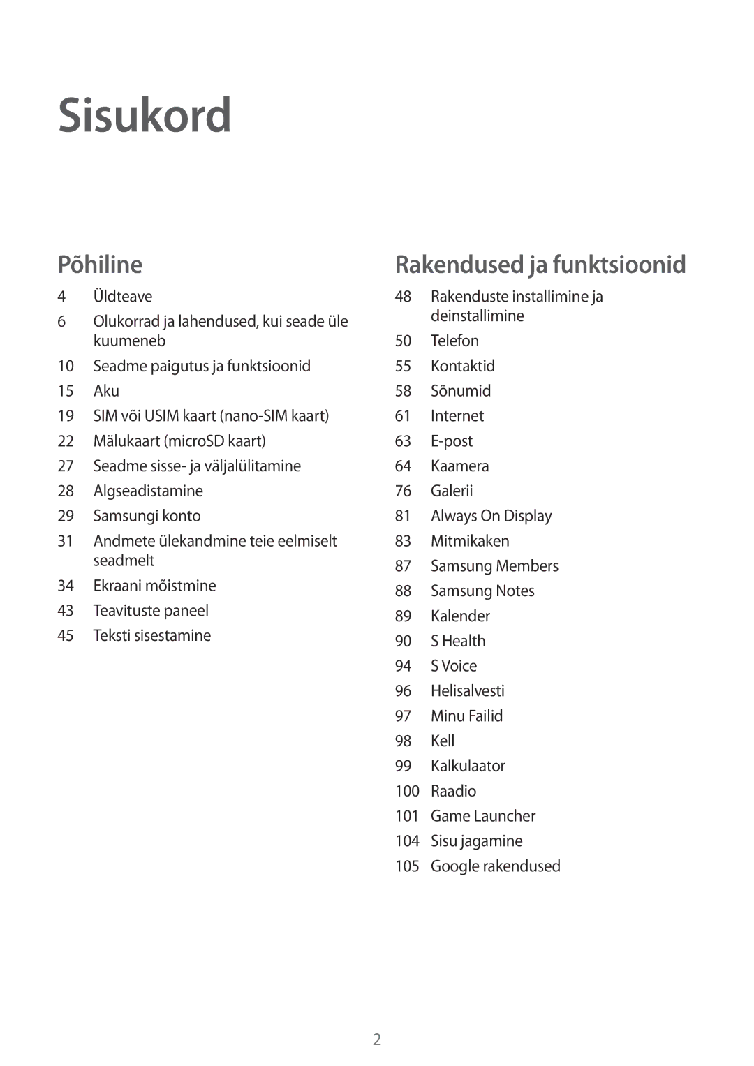 Samsung SM-A320FZINSEB, SM-A520FZIASEB, SM-A320FZKNSEB, SM-A520FZDASEB, SM-A320FZDNSEB, SM-A520FZKASEB manual Sisukord 