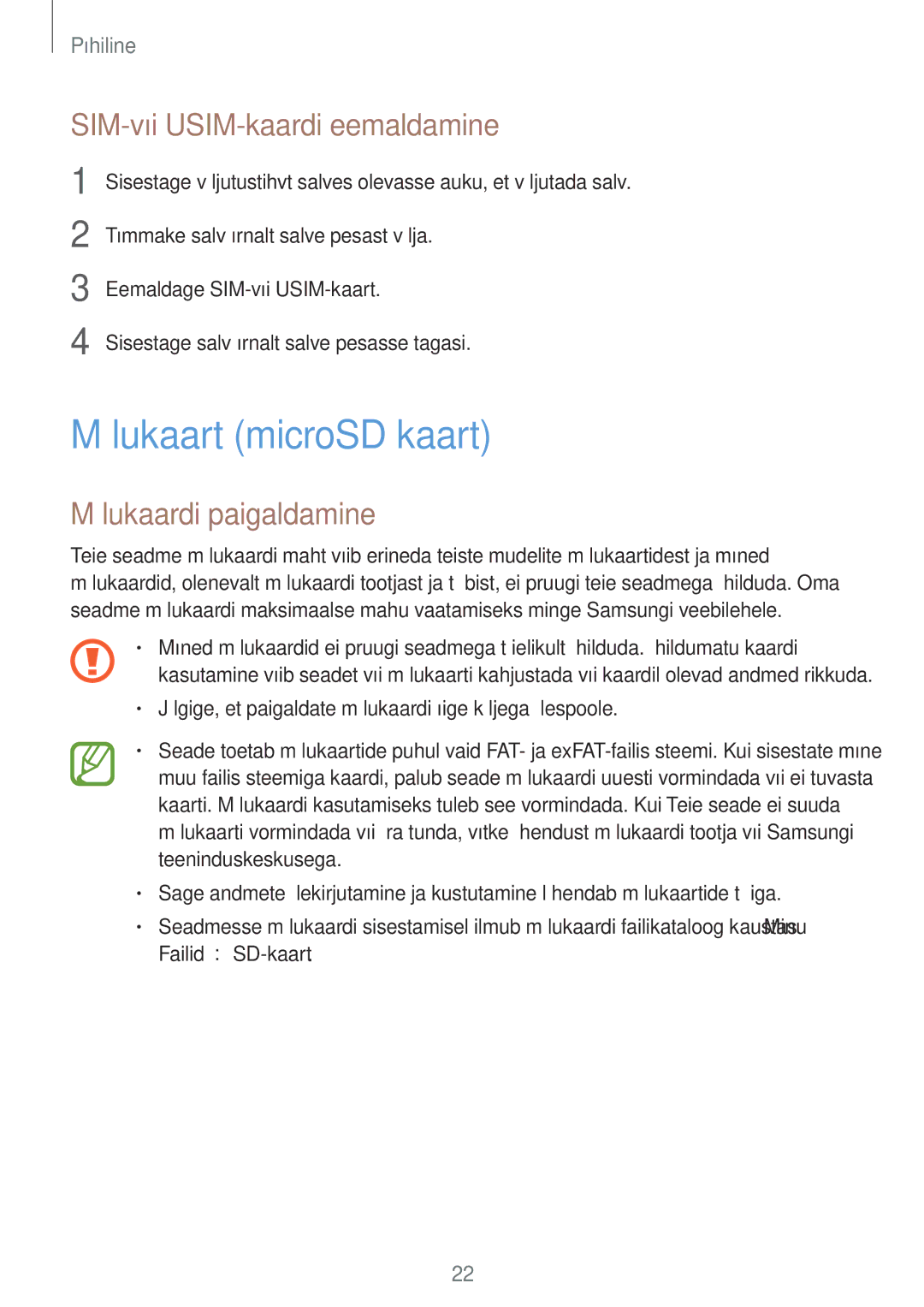 Samsung SM-A320FZDNSEB, SM-A520FZIASEB Mälukaart microSD kaart, SIM-või USIM-kaardi eemaldamine, Mälukaardi paigaldamine 