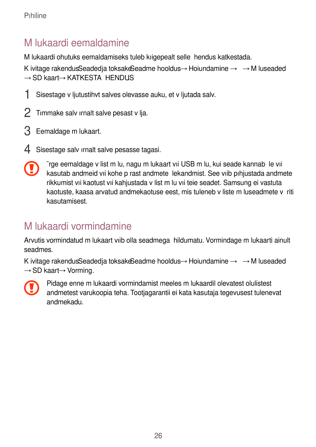 Samsung SM-A320FZINSEB Mälukaardi eemaldamine, Mälukaardi vormindamine, → SD kaart →KATKESTA Ühendus, → SD kaart →Vorming 