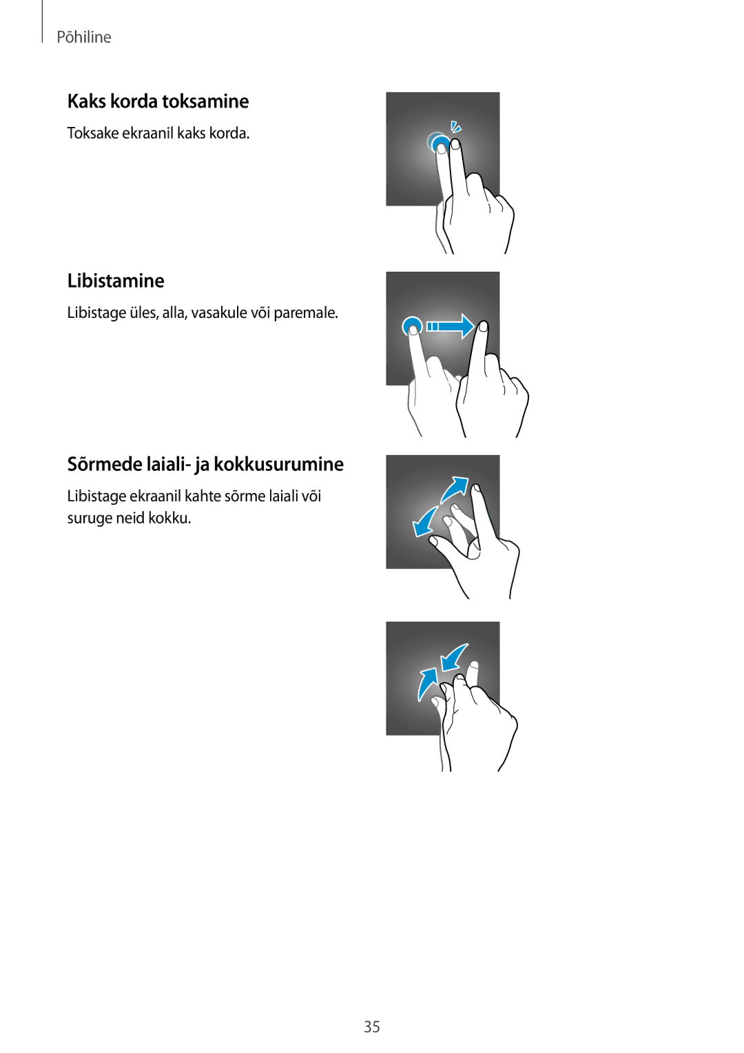 Samsung SM-A520FZKASEB, SM-A520FZIASEB, SM-A320FZKNSEB Kaks korda toksamine, Libistamine, Sõrmede laiali- ja kokkusurumine 