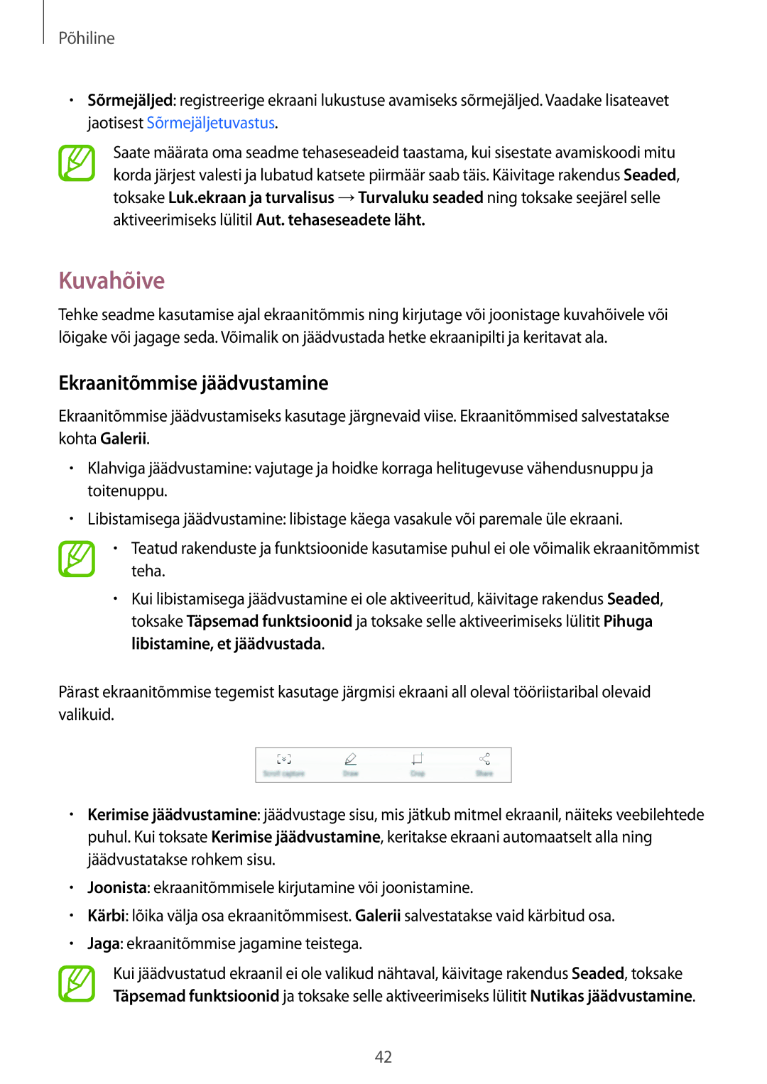 Samsung SM-A520FZIASEB, SM-A320FZKNSEB, SM-A320FZINSEB, SM-A520FZDASEB manual Kuvahõive, Ekraanitõmmise jäädvustamine 