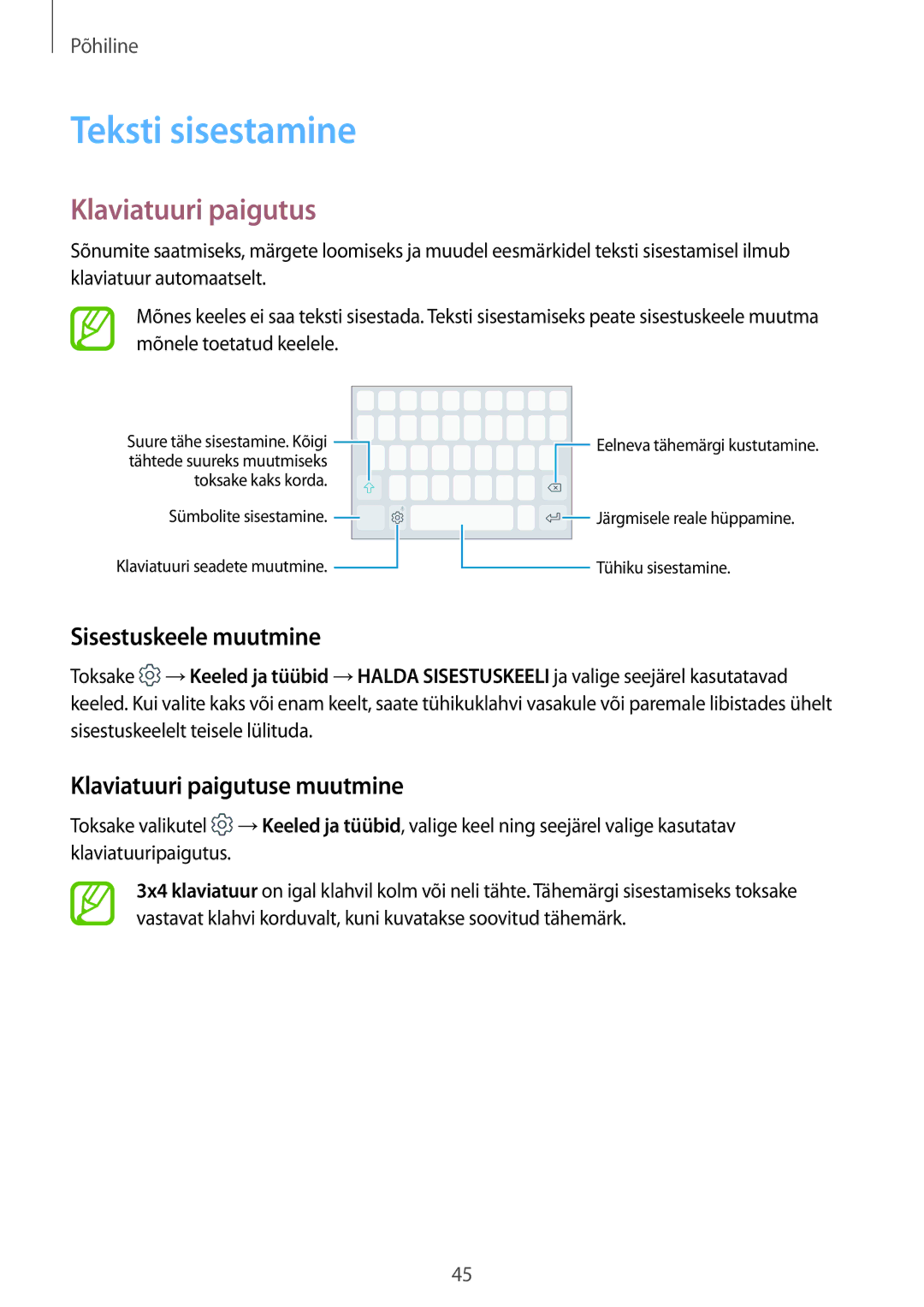 Samsung SM-A520FZDASEB, SM-A520FZIASEB manual Teksti sisestamine, Sisestuskeele muutmine, Klaviatuuri paigutuse muutmine 