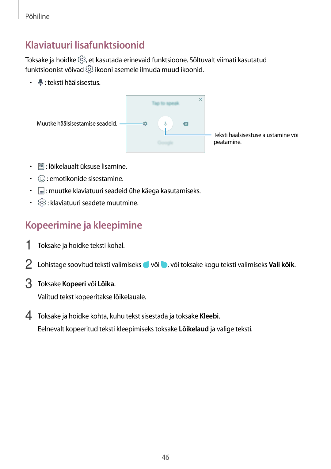 Samsung SM-A320FZDNSEB manual Klaviatuuri lisafunktsioonid, Kopeerimine ja kleepimine, Toksake ja hoidke teksti kohal 