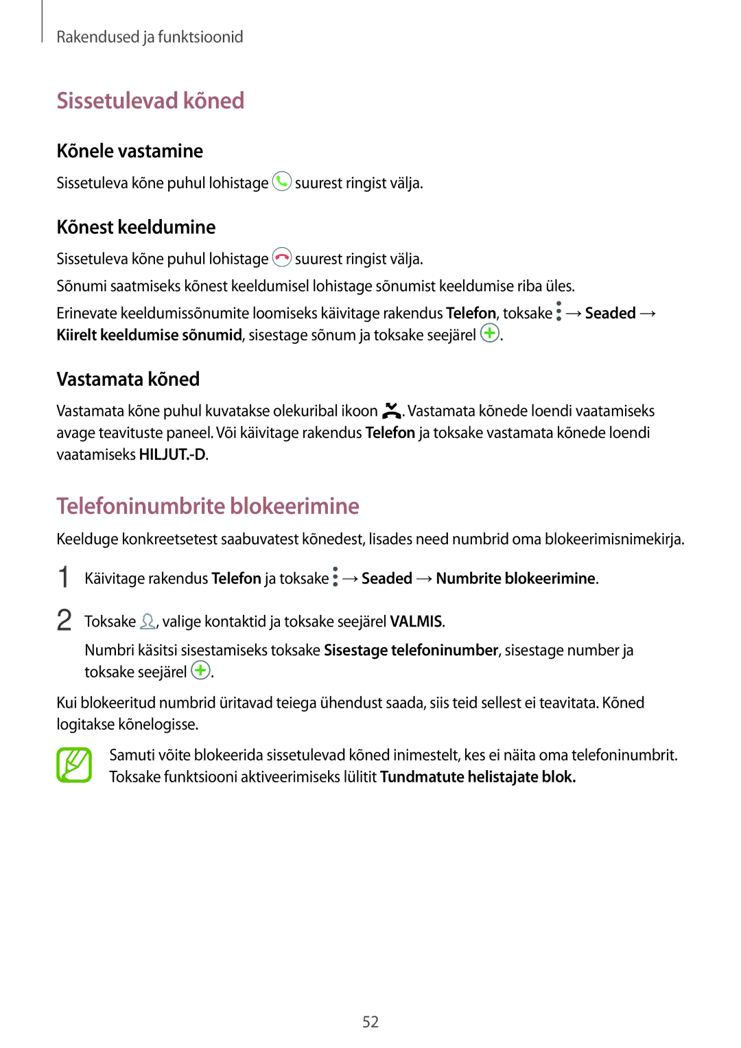 Samsung SM-A320FZDNSEB manual Sissetulevad kõned, Telefoninumbrite blokeerimine, Kõnele vastamine, Kõnest keeldumine 