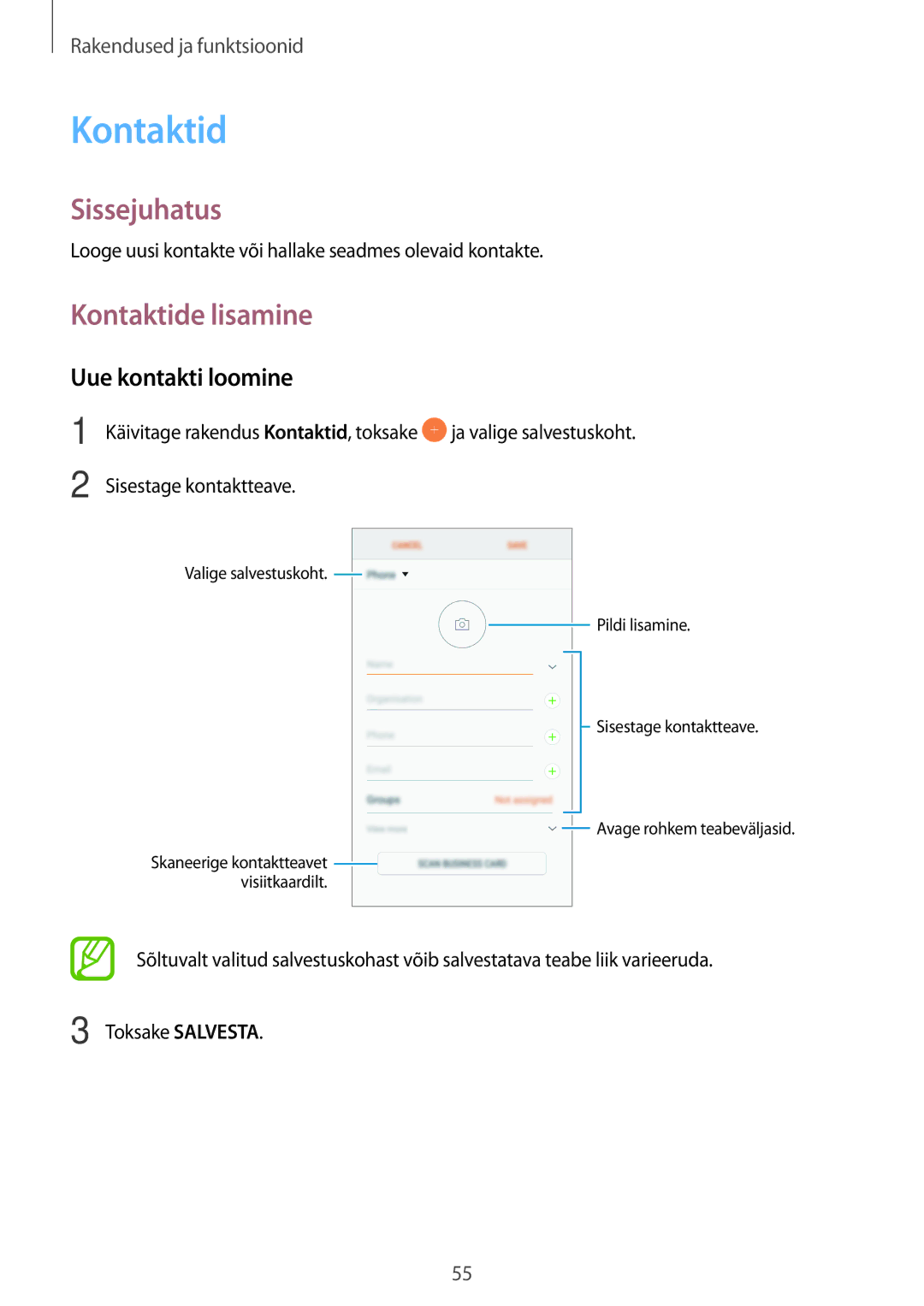 Samsung SM-A320FZKNSEB, SM-A520FZIASEB, SM-A320FZINSEB, SM-A520FZDASEB manual Kontaktide lisamine, Uue kontakti loomine 