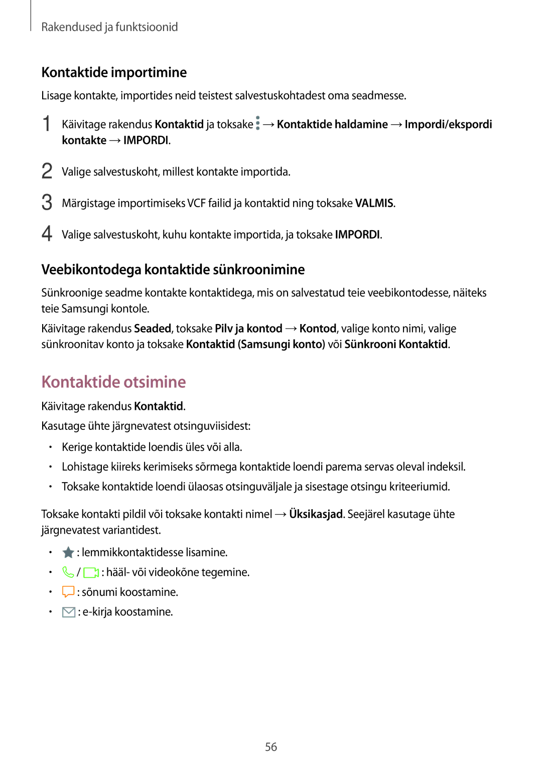 Samsung SM-A320FZINSEB manual Kontaktide otsimine, Kontaktide importimine, Veebikontodega kontaktide sünkroonimine 