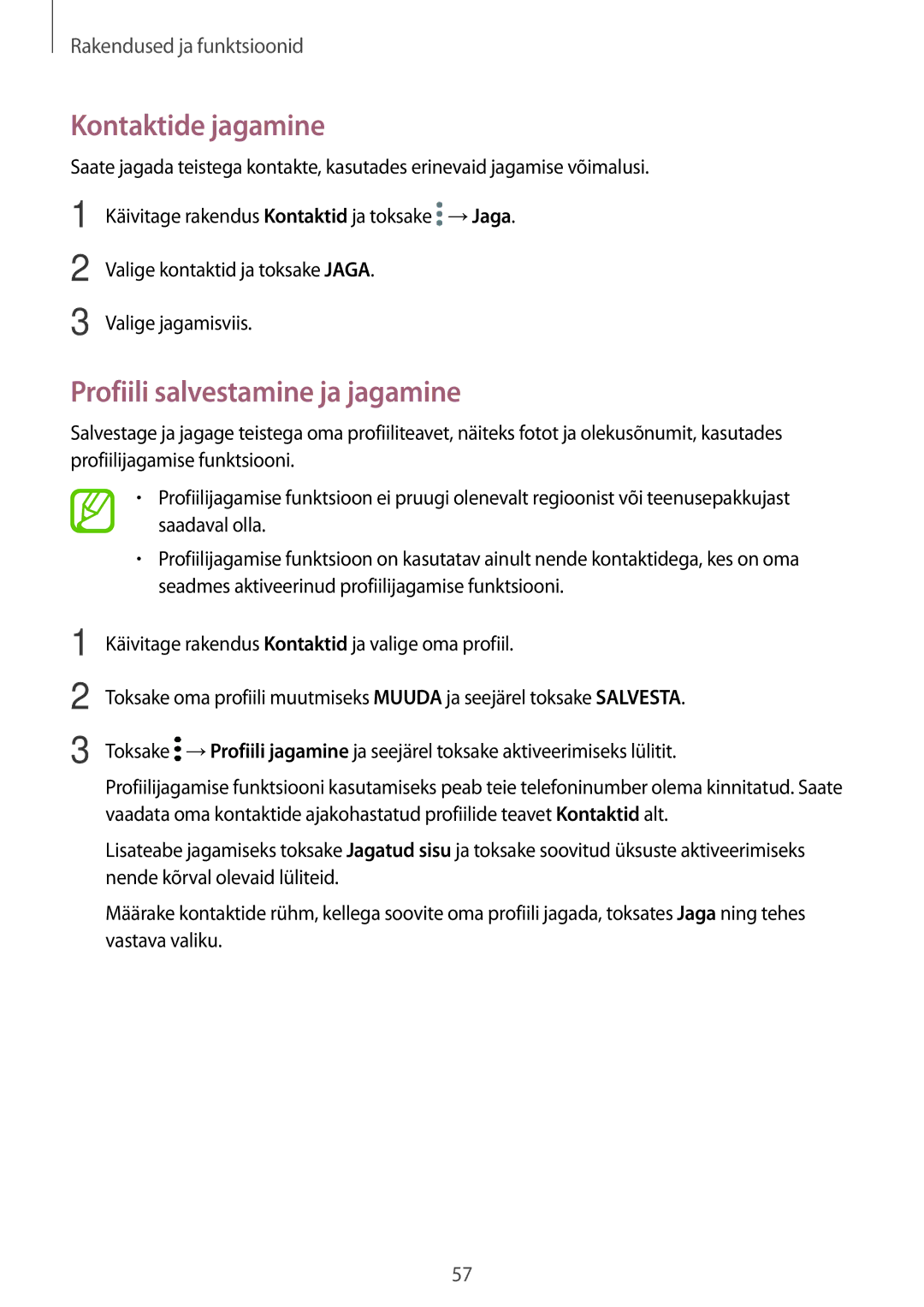 Samsung SM-A520FZDASEB, SM-A520FZIASEB, SM-A320FZKNSEB manual Kontaktide jagamine, Profiili salvestamine ja jagamine 