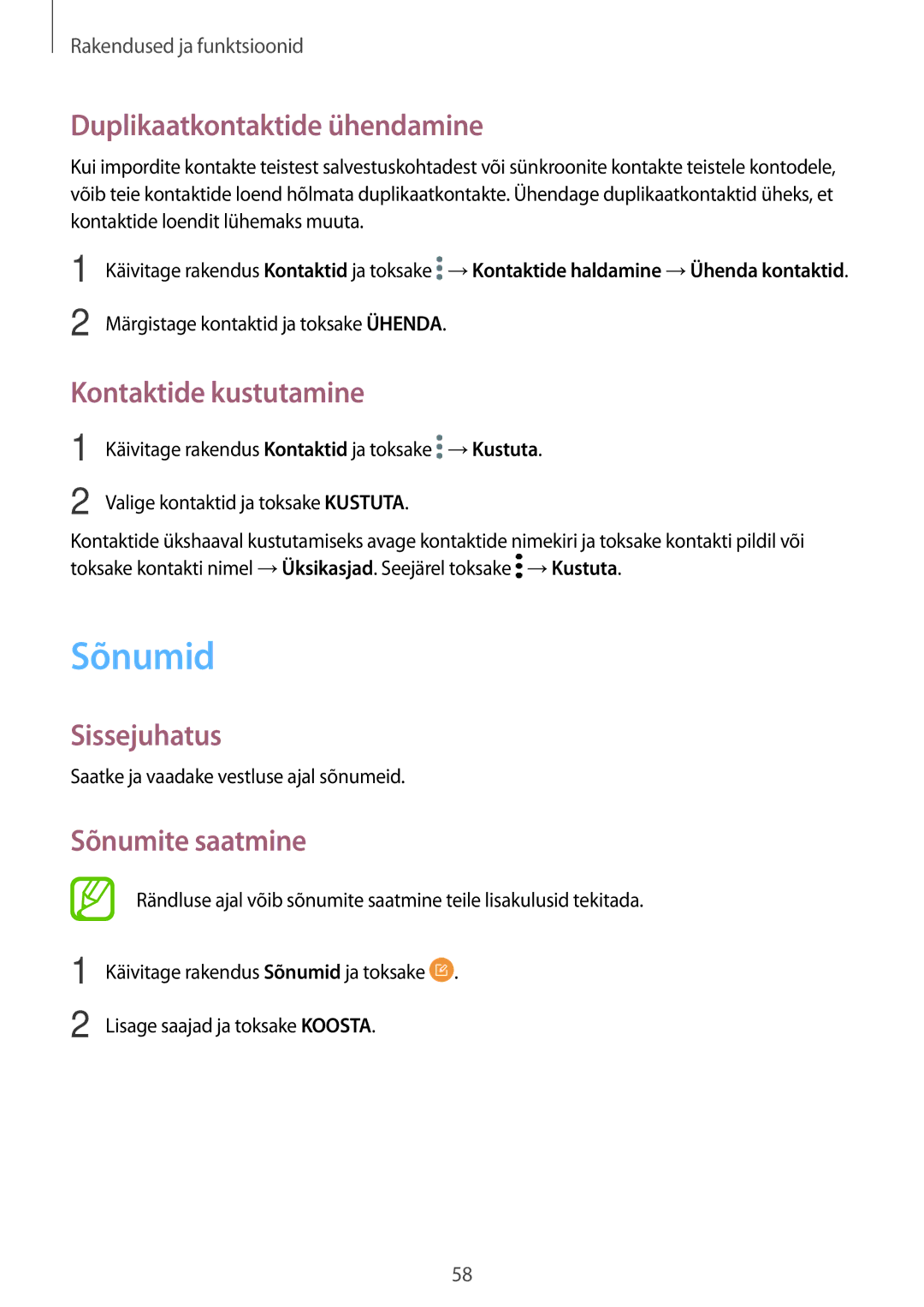 Samsung SM-A320FZDNSEB, SM-A520FZIASEB Sõnumid, Duplikaatkontaktide ühendamine, Kontaktide kustutamine, Sõnumite saatmine 