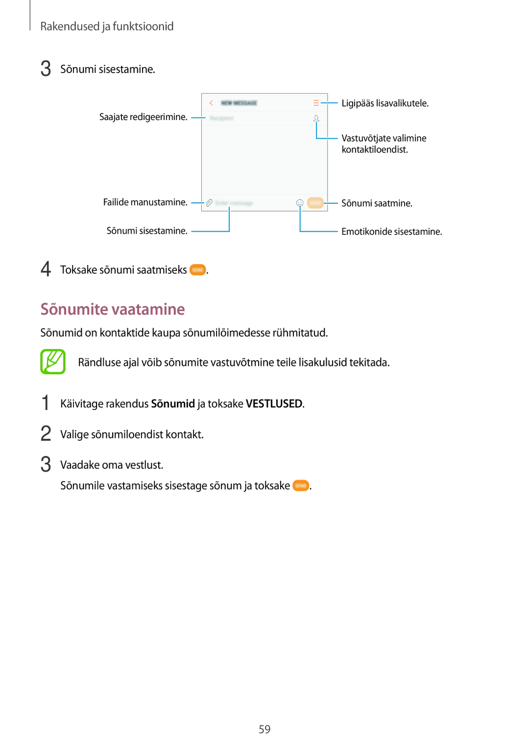 Samsung SM-A520FZKASEB, SM-A520FZIASEB, SM-A320FZKNSEB, SM-A320FZINSEB, SM-A520FZDASEB Sõnumite vaatamine, Sõnumi sisestamine 