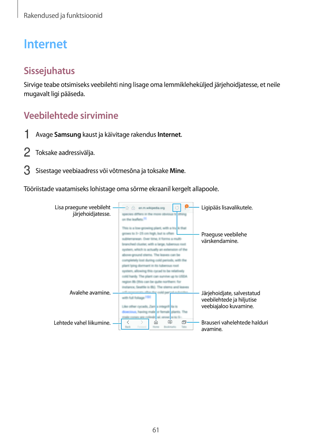 Samsung SM-A320FZKNSEB, SM-A520FZIASEB, SM-A320FZINSEB, SM-A520FZDASEB, SM-A320FZDNSEB manual Internet, Veebilehtede sirvimine 