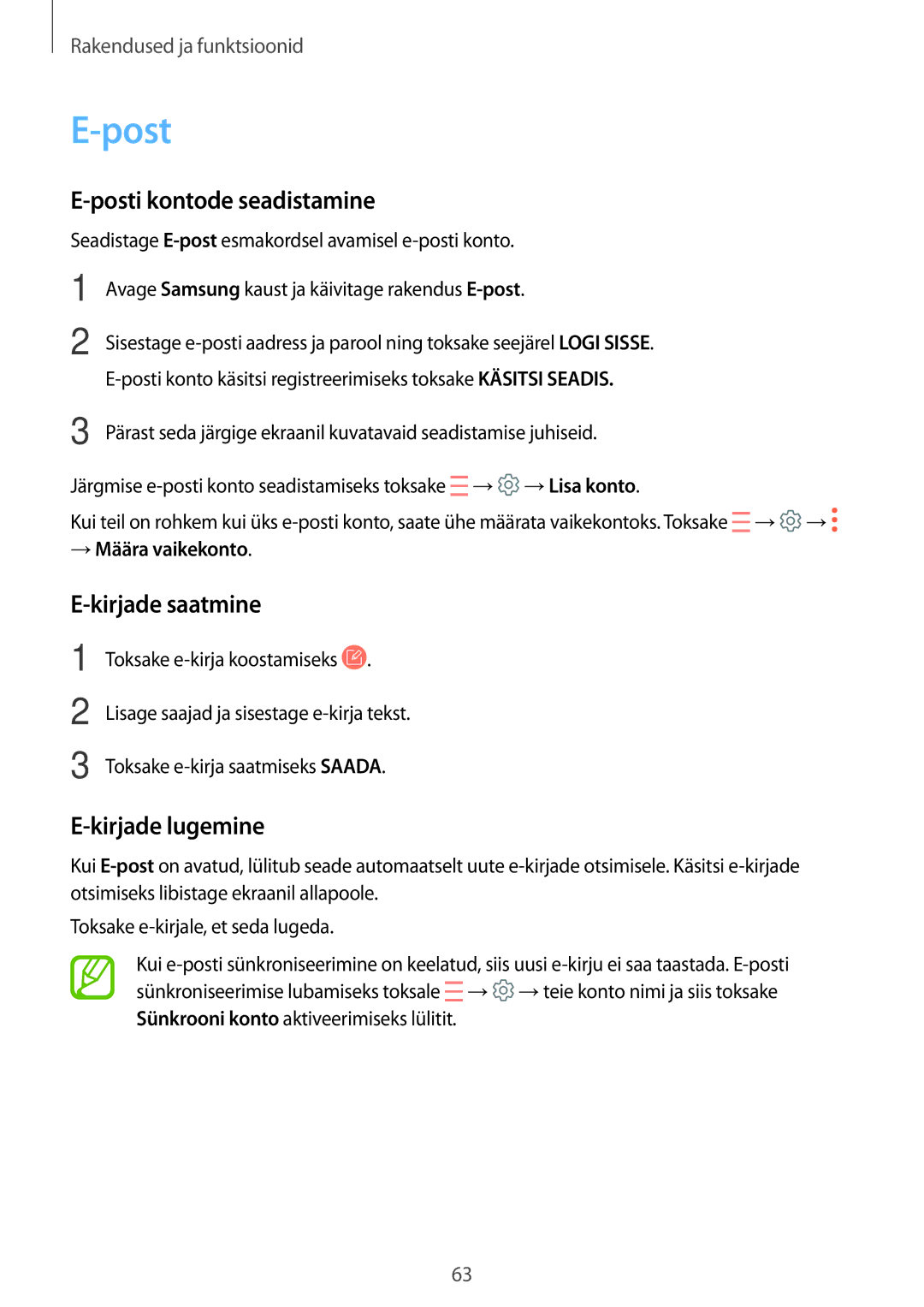 Samsung SM-A520FZDASEB manual Posti kontode seadistamine, Kirjade saatmine, Kirjade lugemine, → Määra vaikekonto 