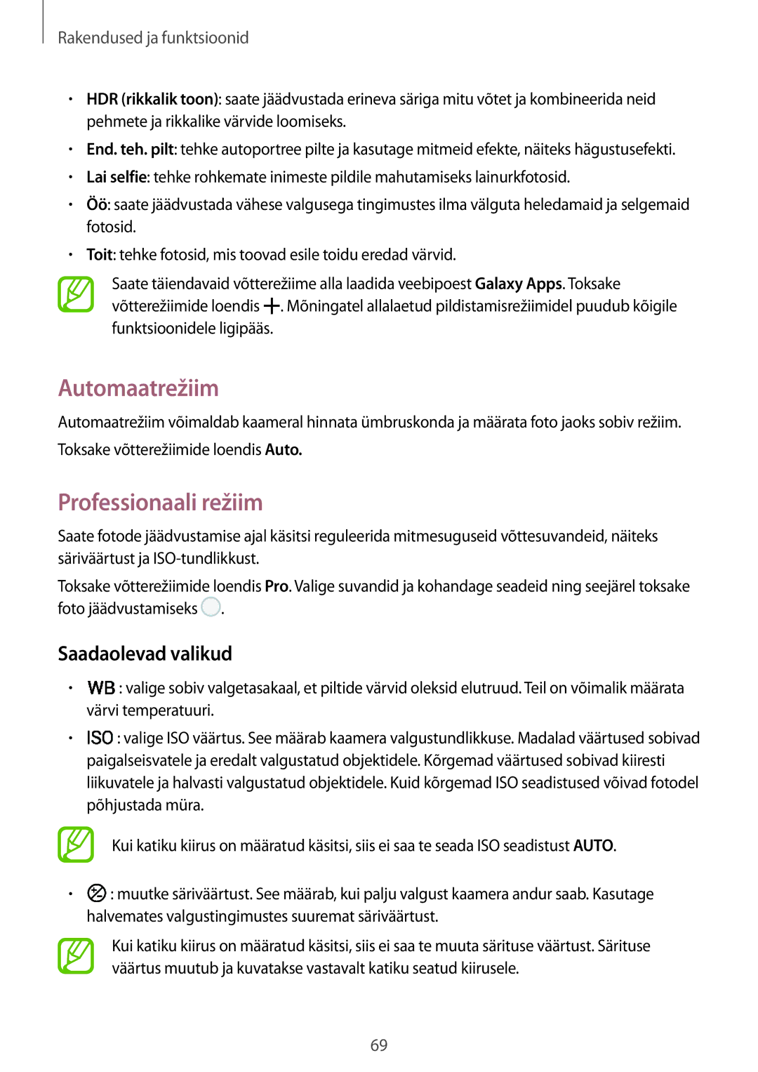 Samsung SM-A520FZDASEB, SM-A520FZIASEB, SM-A320FZKNSEB manual Automaatrežiim, Professionaali režiim, Saadaolevad valikud 