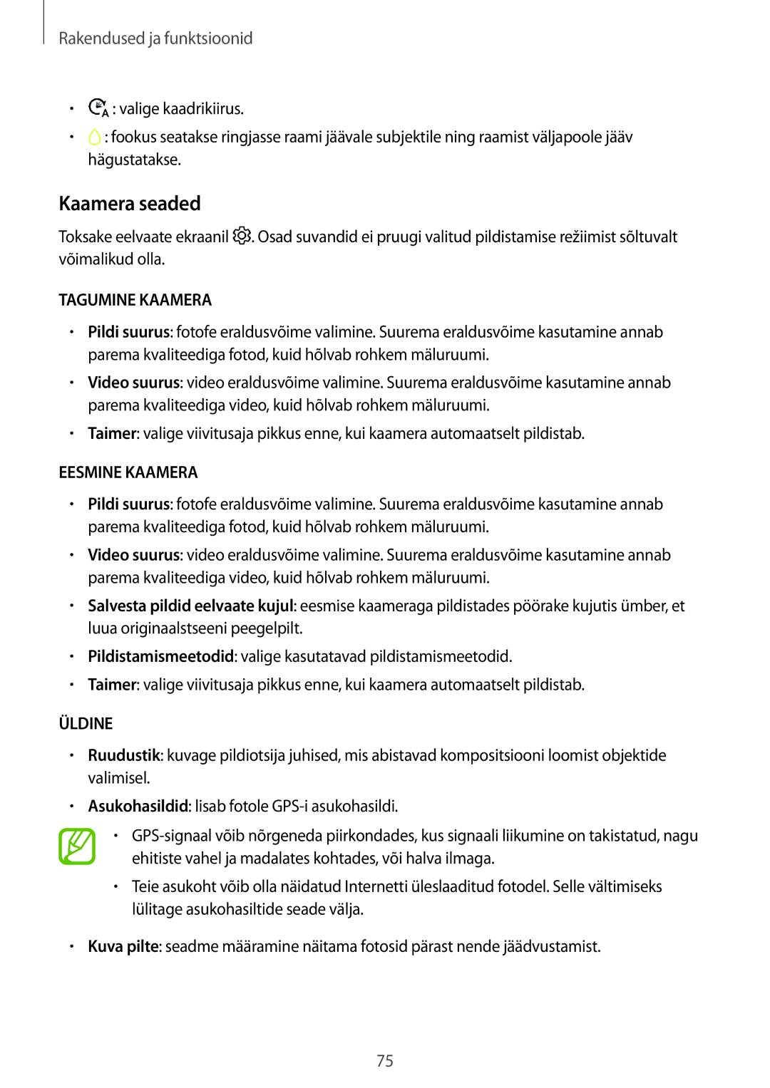 Samsung SM-A520FZDASEB, SM-A520FZIASEB, SM-A320FZKNSEB, SM-A320FZINSEB, SM-A320FZDNSEB manual Kaamera seaded, Tagumine Kaamera 