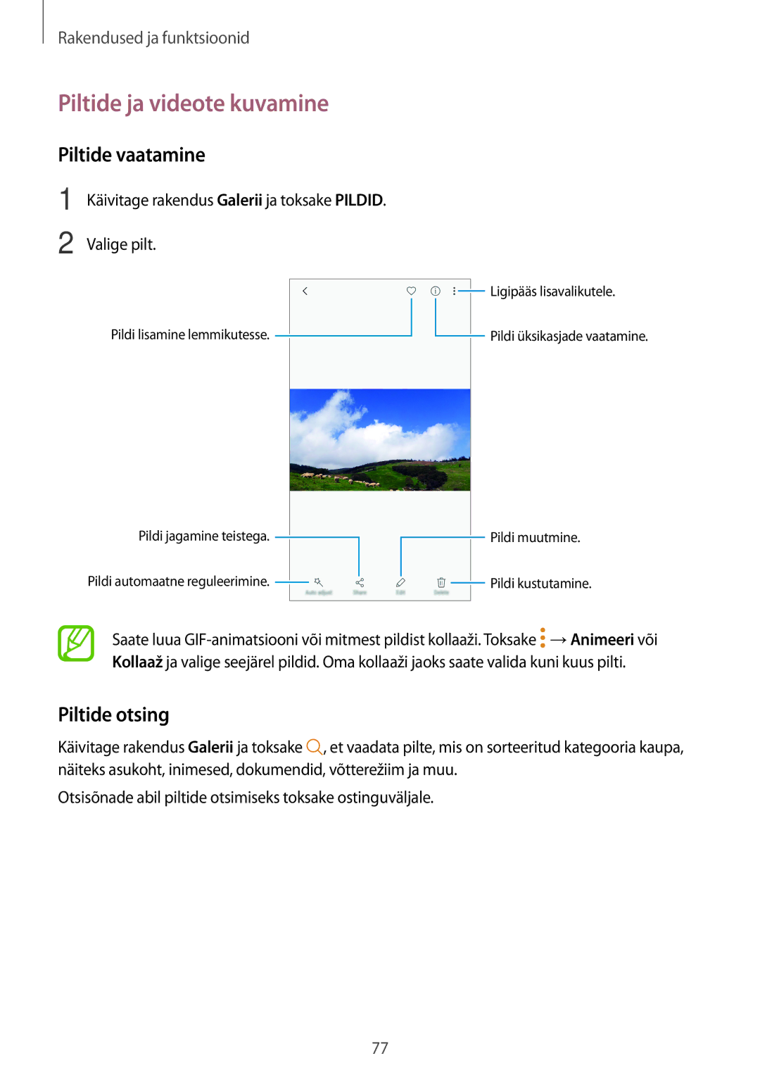 Samsung SM-A520FZKASEB, SM-A520FZIASEB manual Piltide ja videote kuvamine, Piltide vaatamine, Piltide otsing, Valige pilt 