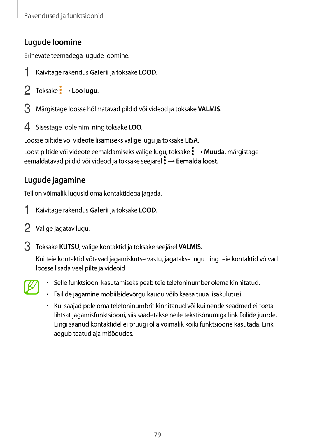 Samsung SM-A320FZKNSEB, SM-A520FZIASEB, SM-A320FZINSEB, SM-A520FZDASEB, SM-A320FZDNSEB manual Lugude loomine, Lugude jagamine 