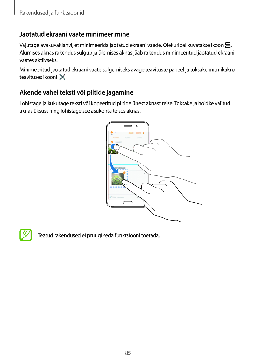 Samsung SM-A320FZKNSEB, SM-A520FZIASEB manual Jaotatud ekraani vaate minimeerimine, Akende vahel teksti või piltide jagamine 