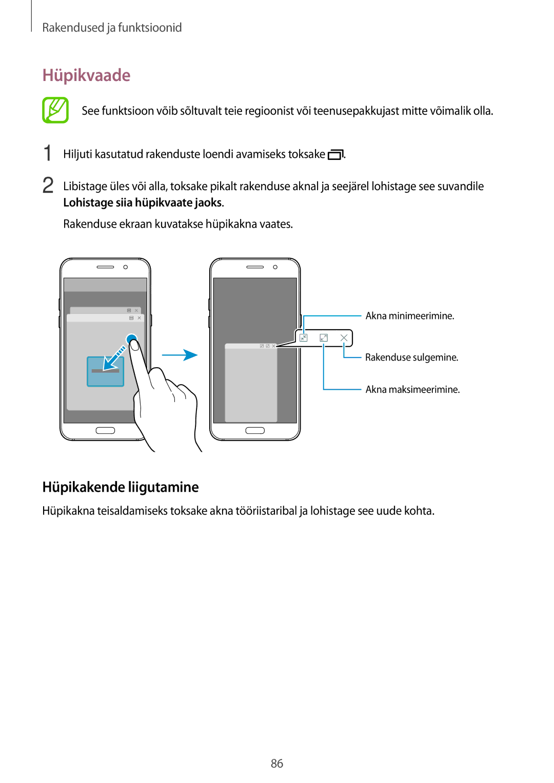 Samsung SM-A320FZINSEB, SM-A520FZIASEB, SM-A320FZKNSEB Hüpikvaade, Hüpikakende liigutamine, Lohistage siia hüpikvaate jaoks 