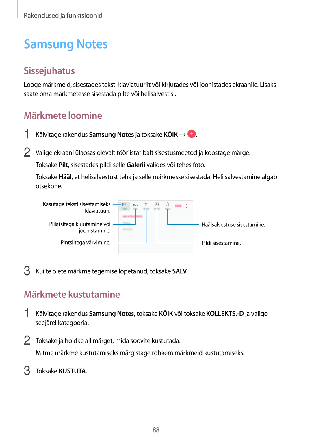 Samsung SM-A320FZDNSEB, SM-A520FZIASEB, SM-A320FZKNSEB, SM-A320FZINSEB Samsung Notes, Märkmete loomine, Märkmete kustutamine 